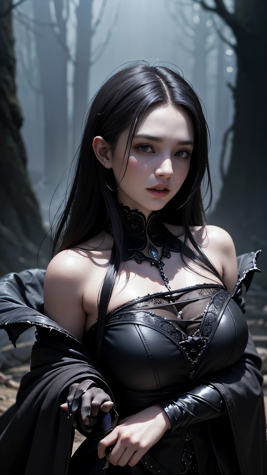 (highest quality,4K,8k,High resolution,masterpiece:1.2),Super detailed,(Realistic,photoRealistic,photo-Realistic:1.37), Close-up of a woman with dark hair and a black dress, in style of Dark Fantasy Art, Dark fantasy art, A beautiful and elegant demon queen, Dark Fantasy Art, fantasy dark art, Dark fantasy digital art, Gothic fantasy art, Gothic Dark Maiden, Cthulhu,Detailed Texture,Spooky creatures,An ominous atmosphere,Mythical,cosmic Horror,darkness,Mysterious,Dark aesthetic,Fog Background,Eyes of another world,Ancient Gods, Powerful wizard, Stand in the mysterious forest. Flowing robes decorated with symbols, Arms stretched out, Eyes glowing with mystical energy. The spell escapes from my mouth, Vibrant, Swirling patterns of dark magic appear in the air., Red and blue hues pulsate. The allure permeates, make flowers bloom, A creature to gaze upon in awe. Threads of magical energy dance, Uncover hidden areas, Uncover the secrets. Capture the essence of this enchanting moment, Monstrous,Powerful,Tentacles,Pitch black blackness,Majestic,Unfathomable depth,Nightmare,The existence of the universe,an ominous existence,seeping darknesss,Secrets of the Universe,That's horrible,It was chaotic.,Eldritch,Horror,That's horrible,Mysterious,Abysmal,Empty,Powerful wings,Lovecraft,abstract Horror、Punisher, Nightmare Before Christmas style, ((Perfect hands), (Ultra-realistic:1.6), (Detailed face), (sharp)), color: Dark and gloomy, (Ghostly), (intense expression), (Detailed skull emblem), (Spooky atmosphere), (Cartoon-like atmosphere),(Grainy), (Dramatic Shadows), (Dynamic pose), (An ominous atmosphere), (Artistically expressed), ((Fascinating), (Gothic), (Mysterious Setting), (Moody color palette), (Skillfully drawn), (Feelings of anxiety), (Intricate details), (an ominous smile), (an ominous), (Fascinating eyes), (Horror elements), (Fascinating composition), (Impressive anatomy),(Striking contrast)), (Exquisite craftsmanship), (Interesting character designs)、Dark Fantasy Portrait, Portrait of the Dark Goddess, Dark Fantasy Nymph Portrait