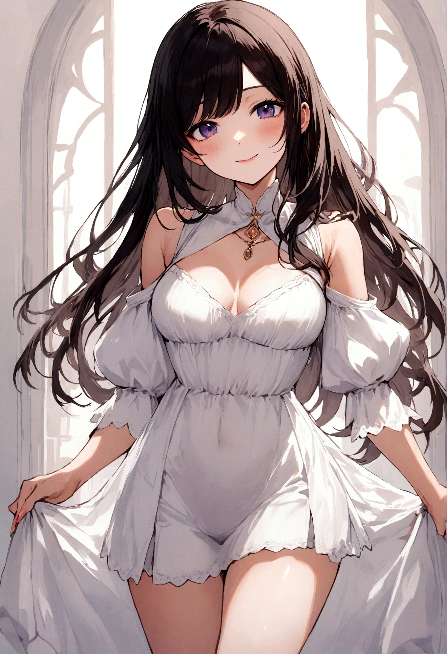 a young half japanese half wife girl with shoulder length hair, she looks happy to see you, she is wearing a low cut white blouse and a short skirt