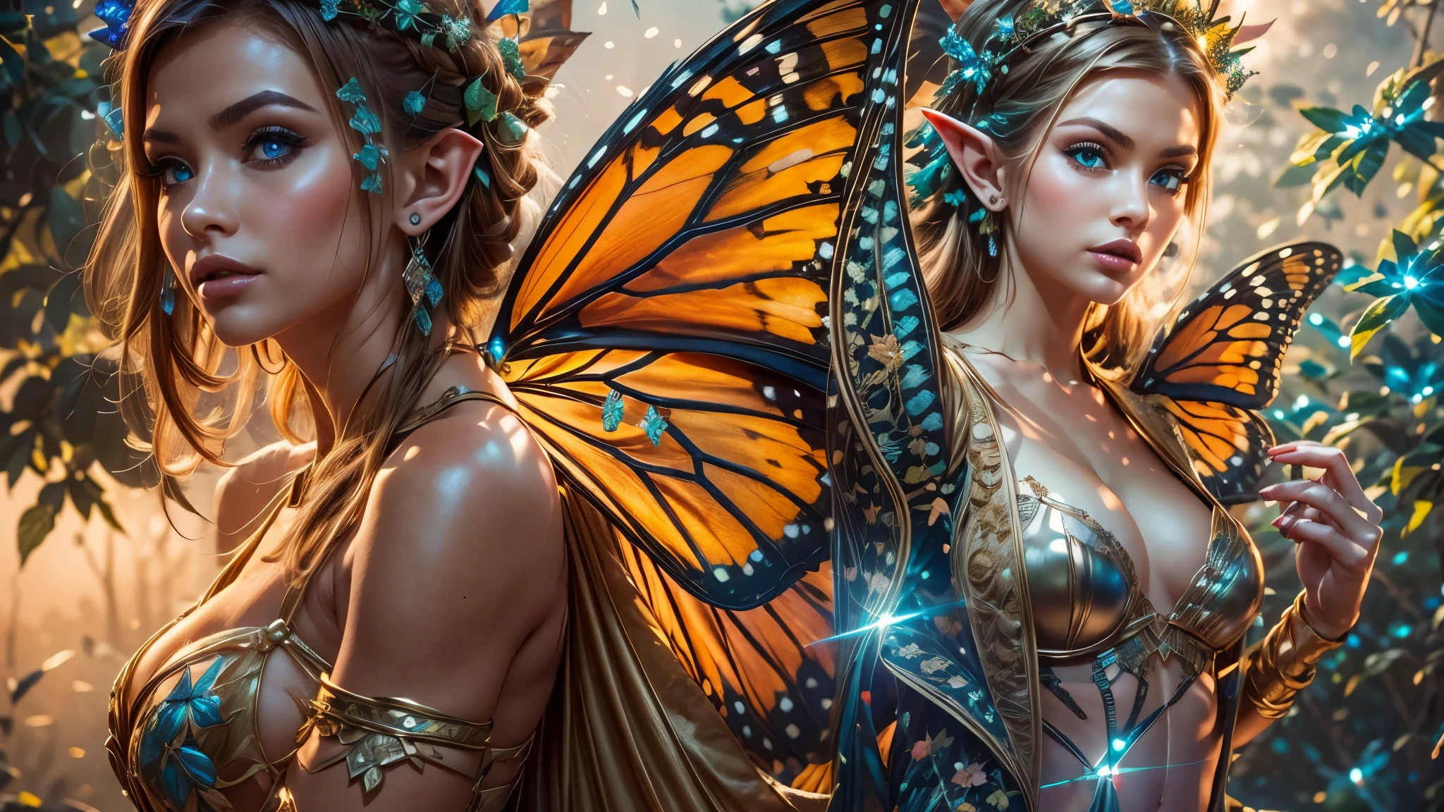 Beautiful faerie woman, elf ear, flying, massive monarch butterfly wings between shoulder blades, glowing blue eyes, detailed proportional hands, proportional body, firm breast, frank Frazzetta painting style, (Best Quality:1.4), (Ultra-detailed), (extremely detailed CG unified 8k wallpaper), Highly detailed, RAW Photos, Professional Photography, plein air, Illumination, (Super fancy photos:1.4), (Dazzling light), Radiant Photography, depth of fields