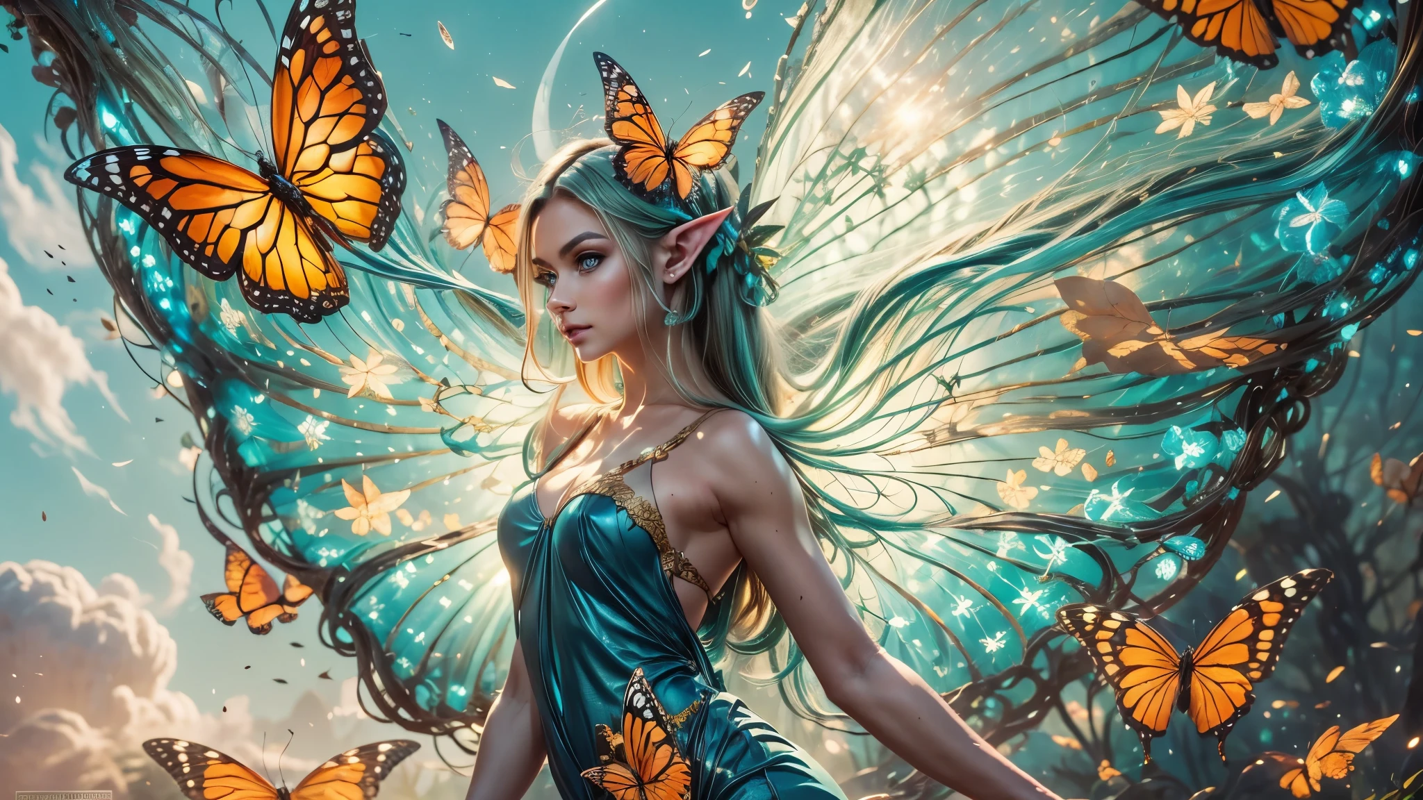 Beautiful faerie woman, elf ear, flying, massive monarch butterfly wings between shoulder blades, glowing blue eyes, detailed proportional hands, proportional body, firm breast, frank Frazzetta painting style, (Best Quality:1.4), (Ultra-detailed), (extremely detailed CG unified 8k wallpaper), Highly detailed, RAW Photos, Professional Photography, plein air, Illumination, (Super fancy photos:1.4), (Dazzling light), Radiant Photography, depth of fields