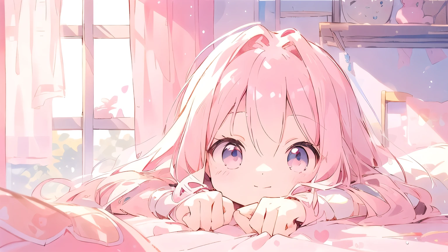 Pink Long Hair,One girl、16 years old、Pink Curtains、Cute room, Sunlight outside the window、Look into this、Close-up