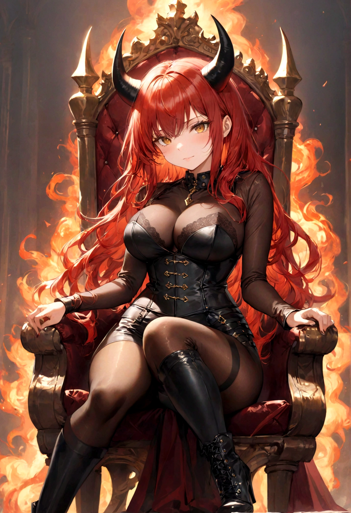((top-quality)), ((masterpiece)), ((ultra-detailliert)), (extremely delicate and beautiful), voluptuous woman, sexy woman, dark tanned skin, red hair, wavy hair, long hair, wearing skin tight leather black corset top, long sleeved corset top, skin tight leather black shorts, sheer black pantyhose, black leather boots, high heeled boots, long boots, cold expression, demon horns, golden eyes, not smiling, killing , sitting on a throne, fiery throne