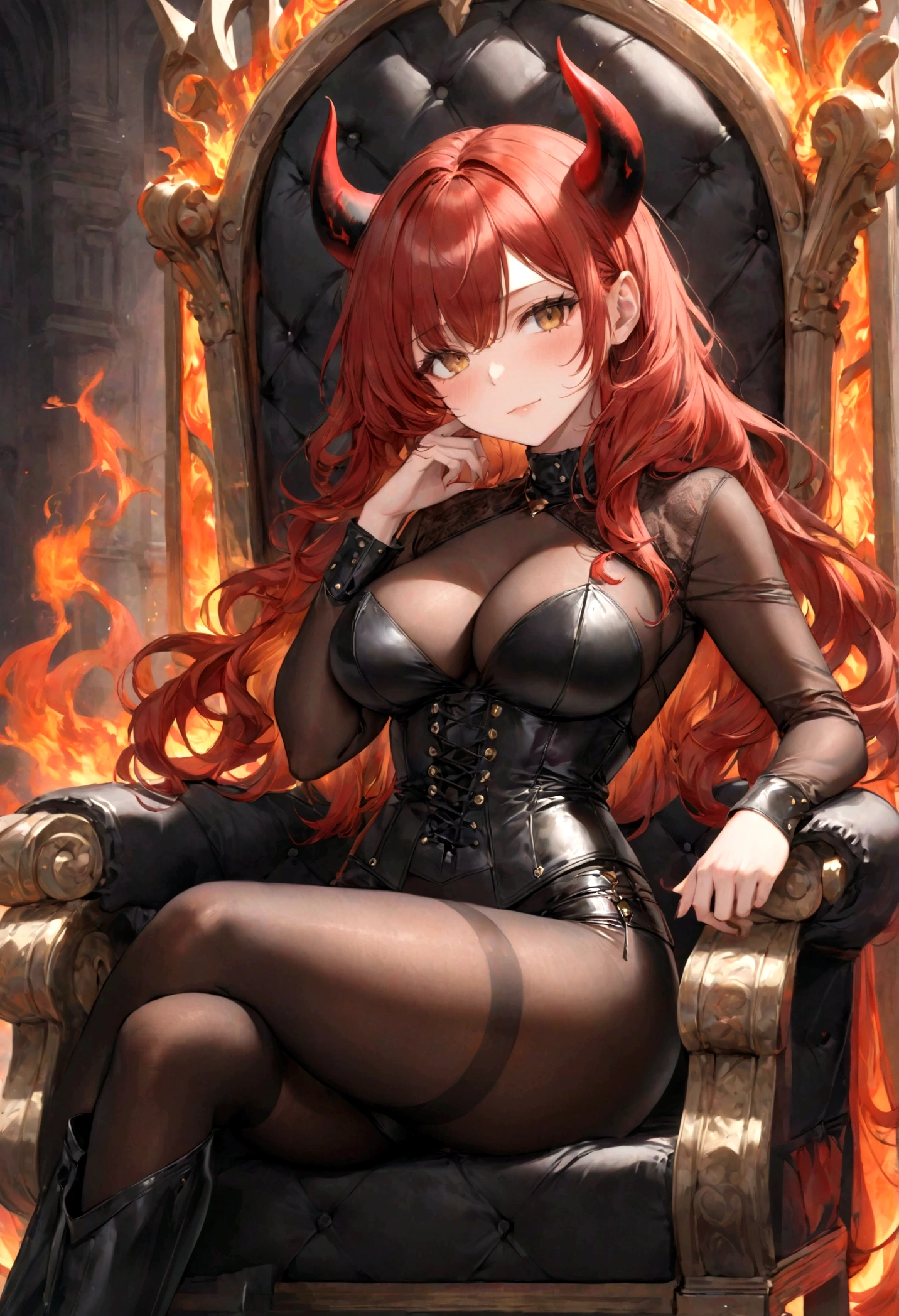 ((top-quality)), ((masterpiece)), ((ultra-detailliert)), (extremely delicate and beautiful), voluptuous woman, sexy woman, dark tanned skin, red hair, wavy hair, long hair, wearing skin tight leather black corset top, long sleeved corset top, skin tight leather black shorts, sheer black pantyhose, black leather boots, high heeled boots, long boots, cold expression, demon horns, golden eyes, not smiling, killing , sitting on a throne, fiery throne