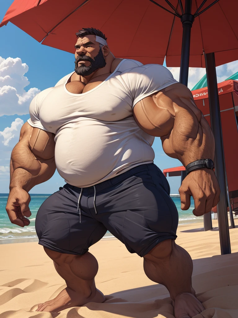 beach, back view, extremely huge muscular, massive muscular, full-body, well-muscled old man in a white shirt prone in beach. ((extremely muscle size, super thick arms, huge back, extremely wide back and shoulder , huge arms)). and add details to make it attractive and interesting. Add textures and details to make the image more realistic, such as the appearance of the shirt texture and the appearance of the skin. Make sure the resulting image is high resolution, 8K quality."