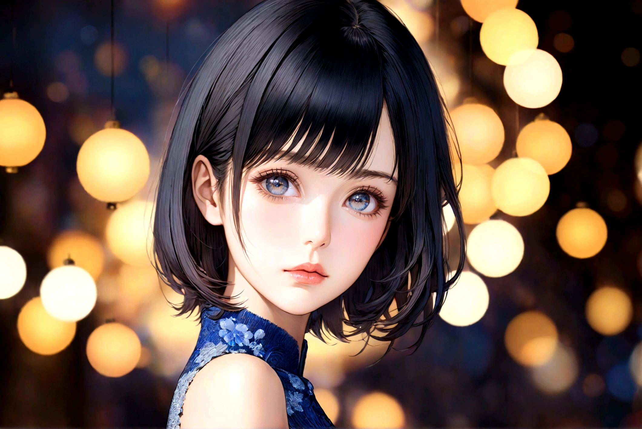 a beautiful japanese woman wearing a sleeveless blue shirt, extremely detailed face and eyes, beautiful detailed lips, flawless skin, long eyelashes, elegant pose, cinematic lighting, atmospheric, bokeh, photorealistic, 8k, hyper detailed, masterpiece, digital painting