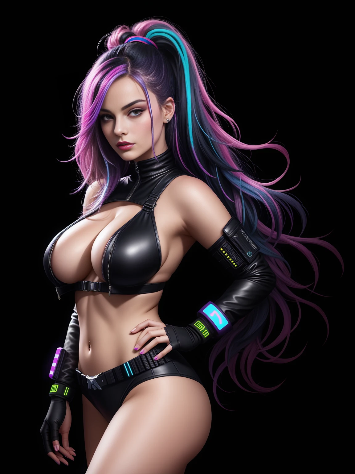 there is Margot Robbie, navy blue and bright purple neon streaked hair, hair in pony tail, 3 d neon art of a womans body, neon-noir background, cyberpunk femme fatale, seductive cyberpunk dark fantasy, cyberpunk strip clubs, cyberpunk 20 y. o model girl, oppai cyberpunk, banner, high definition cgsociety, cgsociety masterpiece, trending on cgstation, kda, random hair, looking at camera, gigantic breasts, cleavage, (high detailed skin:1.2), 8k uhd, dslr, super lighting, high quality, film grain, high res, highly detailed, hyper realistic, beautiful face, beautiful body, beautiful eyes nose lips, alluring expression, very bold, upper  visible, full body photo, standing legs apart, pale translucent glowing skin, most beautiful face, cute, (well defined pubic hair:1.2)), (dark plain black background:1.4))