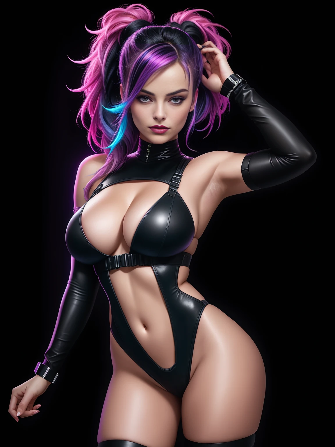 there is Margot Robbie, navy blue and bright purple neon streaked hair, hair in pony tail, 3 d neon art of a womans body, neon-noir background, cyberpunk femme fatale, seductive cyberpunk dark fantasy, cyberpunk strip clubs, cyberpunk 20 y. o model girl, oppai cyberpunk, banner, high definition cgsociety, cgsociety masterpiece, trending on cgstation, kda, random hair, looking at camera, gigantic breasts, cleavage, (high detailed skin:1.2), 8k uhd, dslr, super lighting, high quality, film grain, high res, highly detailed, hyper realistic, beautiful face, beautiful body, beautiful eyes nose lips, alluring expression, very bold, upper visible, full body photo, standing legs apart, pale translucent glowing skin, most beautiful face, cute, (well defined pubic hair:1.2)), (dark plain black background:1.4))