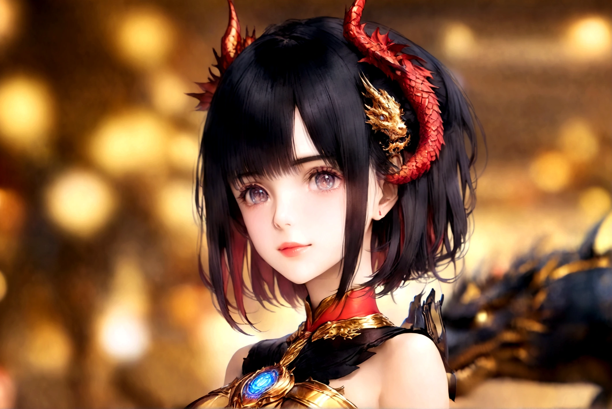 Imagine a powerful, elegant animated character with long, layered dark hair adorned with an advanced UI accessories. playful body manipulations, divine proportion, non-douche smile, gaze into the camera, holographic shimmer, She wears a futuristic yet simple black outfit with gold and red symbolic patterns, featuring a wide neckline and a cinched waist tied with a red obi belt. Accompanying her is a majestic mech-dragon swirling around, its scales detailed and its expression fierce. The setting is an opulent room with soft, warm lighting that creates a dramatic atmosphere, highlighting the intricate details of the mech-dragon and the woman's cybernetic attire. long exposure, whimsical lighting, enchanted ambiance, soft textures, imaginative artwork, silent Luminescence, whispering Silent, vibrant background, iridescent Encounter, by Skyrn99, full body, (((rule of thirds))), high quality, high detail, high resolution, (bokeh:2), backlight, long exposure:2