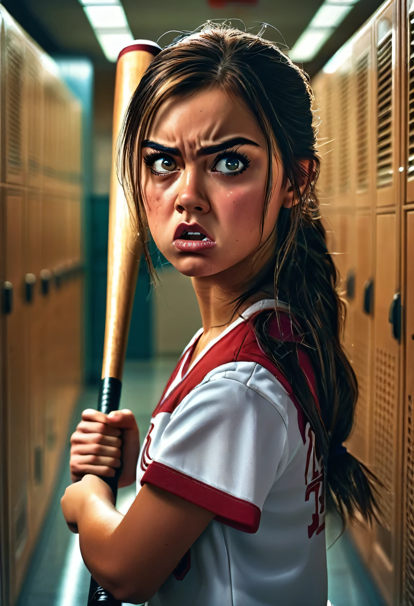 (a mean girl), bullying in school, holding a big baseball bat, (mean facial expressions), beautiful detailed eyes, extremely detailed face and features, cold glare, aggressive expression, clenched fist, school setting, hallway, lockers, (best quality,4k,8k,highres,masterpiece:1.2),ultra-detailed,(realistic,photorealistic,photo-realistic:1.37),vivid colors,dramatic lighting,cinematic,concept art