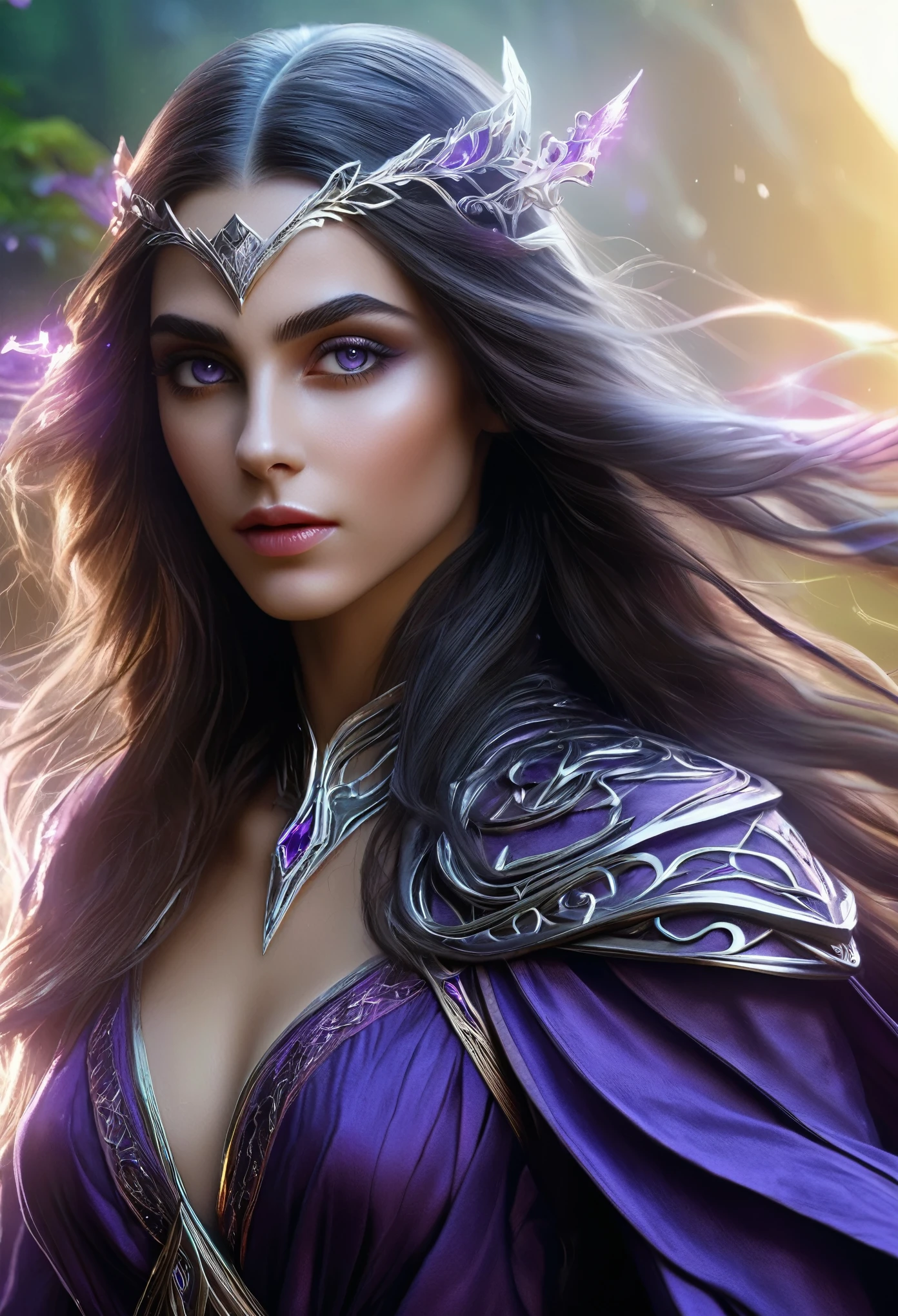 (best quality,4k,8k,highres,masterpiece:1.2),ultra-detailed,(realistic,photorealistic,photo-realistic:1.37), a beautiful young female dark elf mage with long flowing hair, elegant robes, and a mystical aura, (intricate magical effects:1.4), (glowing magical energy:1.5), detailed fantasy landscape with towering mountains, lush forests, and magical ruins, cinematic lighting, dramatic camera angles, (best quality,4k,8k,highres,masterpiece:1.2),ultra-detailed,(realistic,photorealistic,photo-realistic:1.37),fantasy, magic, highly detailed magical girl beautiful detailed eyes, beautiful detailed lips, extremely detailed eyes and face, long eyelashes, dramatic lighting, cinematic composition, dynamic pose, stunning colors, digital painting, beautiful purple eyes, magic wand, toned beautiful thighs