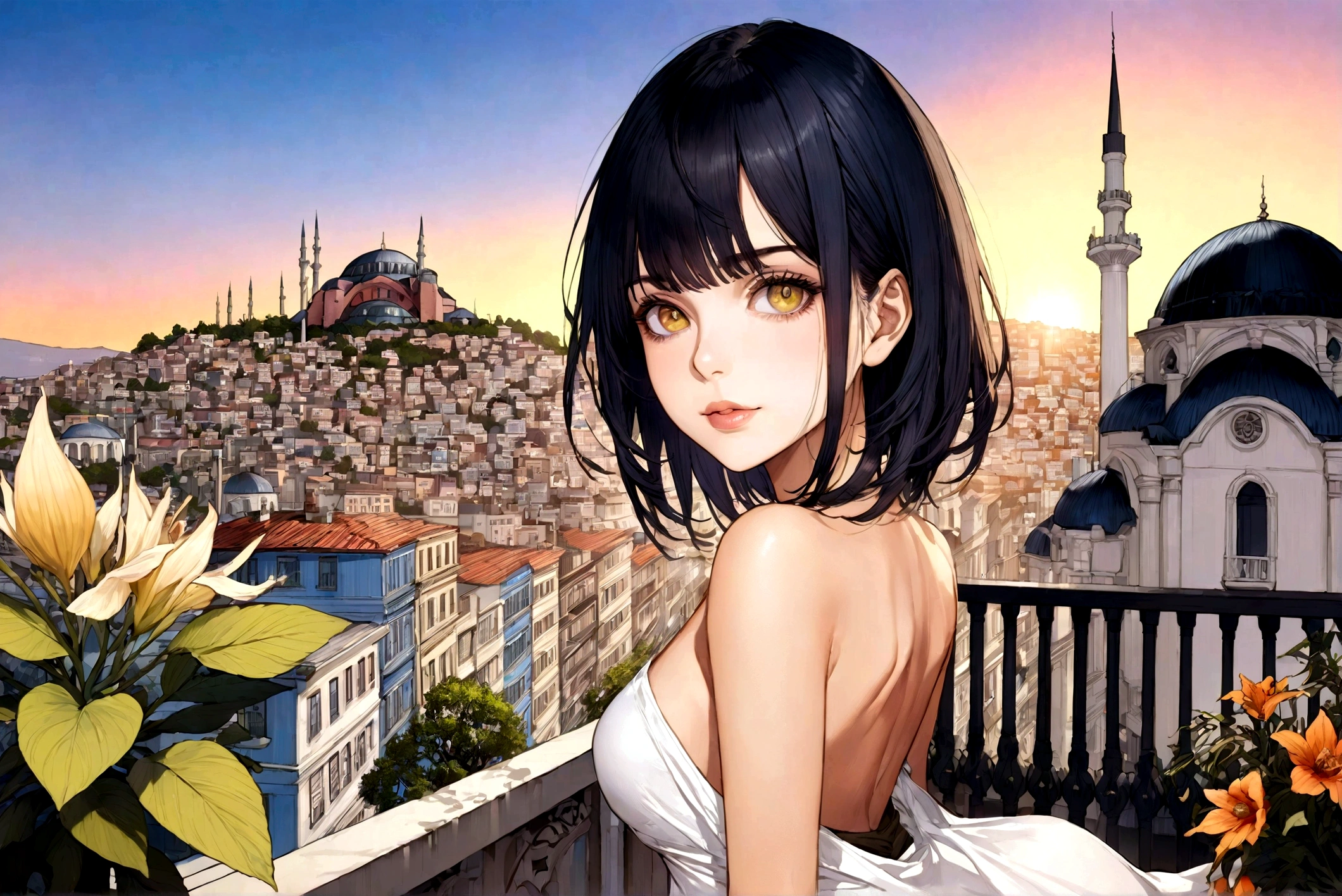 (((Full body))), beautiful and dangerous, green tanned skin, dark hair, poison aura, belladonna flowers, glowing yellow eyes, charming smile, drops of poison on her black lips, The scene depicts a girl standing amidst the Galata , Taksim, Beyoğlu, skyline, surrounded by a science fiction city. A woman is Steam ironing on my terrace. A beautiful view of Beyoğlu İstiklal silhouette from afar in summer. Black and white, backlight at sunset