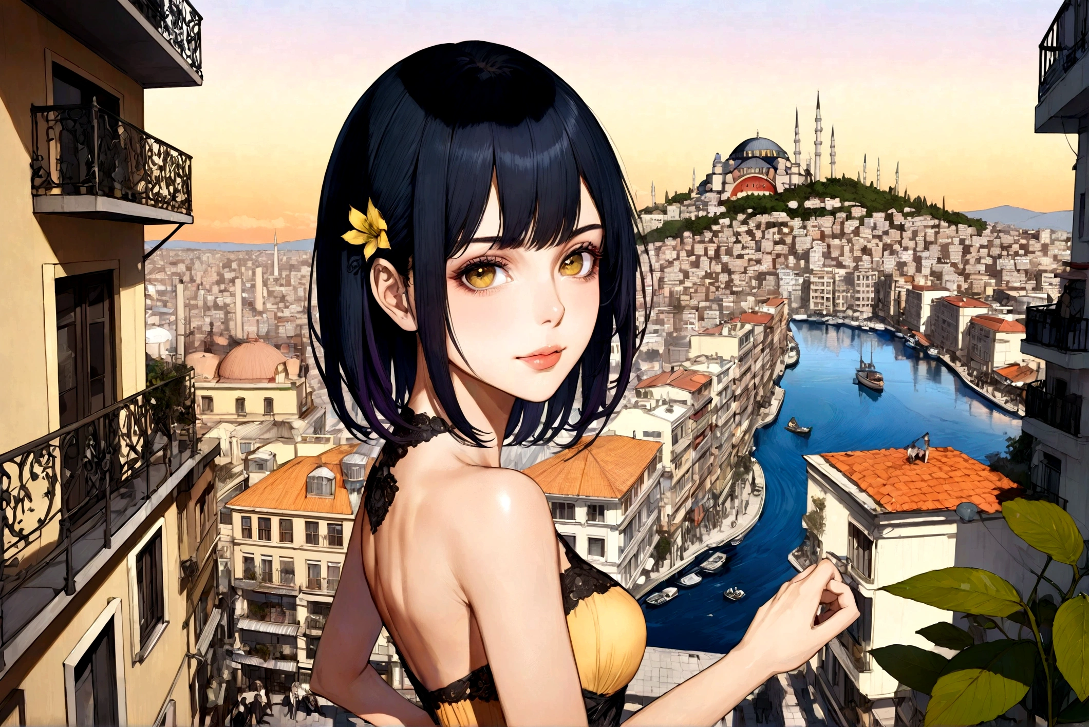 (((Full body))), beautiful and dangerous, green tanned skin, dark hair, poison aura, belladonna flowers, glowing yellow eyes, charming smile, drops of poison on her black lips, The scene depicts a girl standing amidst the Galata , Taksim, Beyoğlu, skyline, surrounded by a science fiction city. A woman is Steam ironing on my terrace. A beautiful view of Beyoğlu İstiklal silhouette from afar in summer. Black and white, backlight at sunset