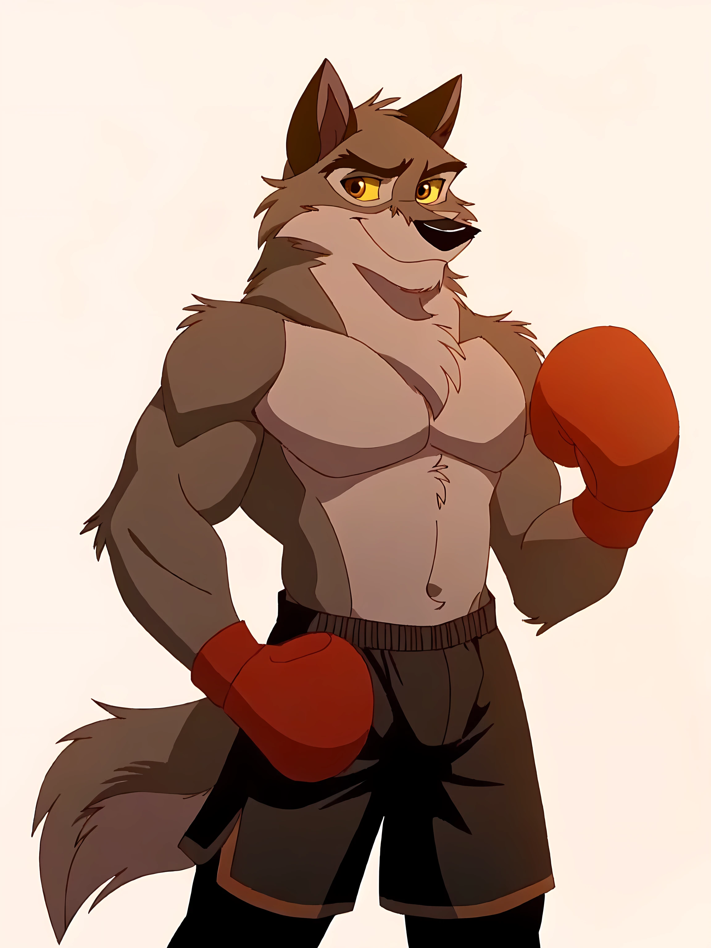 balto, detailed, detailed face, detailed eyes, anthro body, black lineart, black outline, male, masculine, muscular body, pectorals, adult, wolf, wolf body, brown iris, yellow sclera, cartoon shading, cel shaded:1.0, confident, proud, smile, white background, front view:1.1, balto feet, boxing shorts, full body:1.2, wolf tail, wearing boxing gloves, detailed boxing gloves