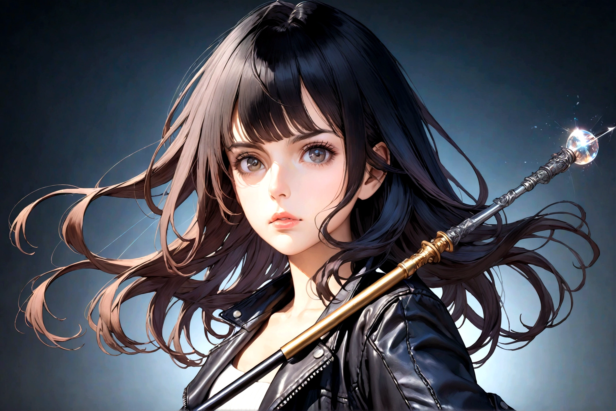 a beautiful young woman with long dark hair wearing a black leather jacket and combat boots, holding a magic wand, cold and serious expression, highly detailed portrait, cinematic lighting, dramatic pose, digital art, 8k, best quality, masterpiece