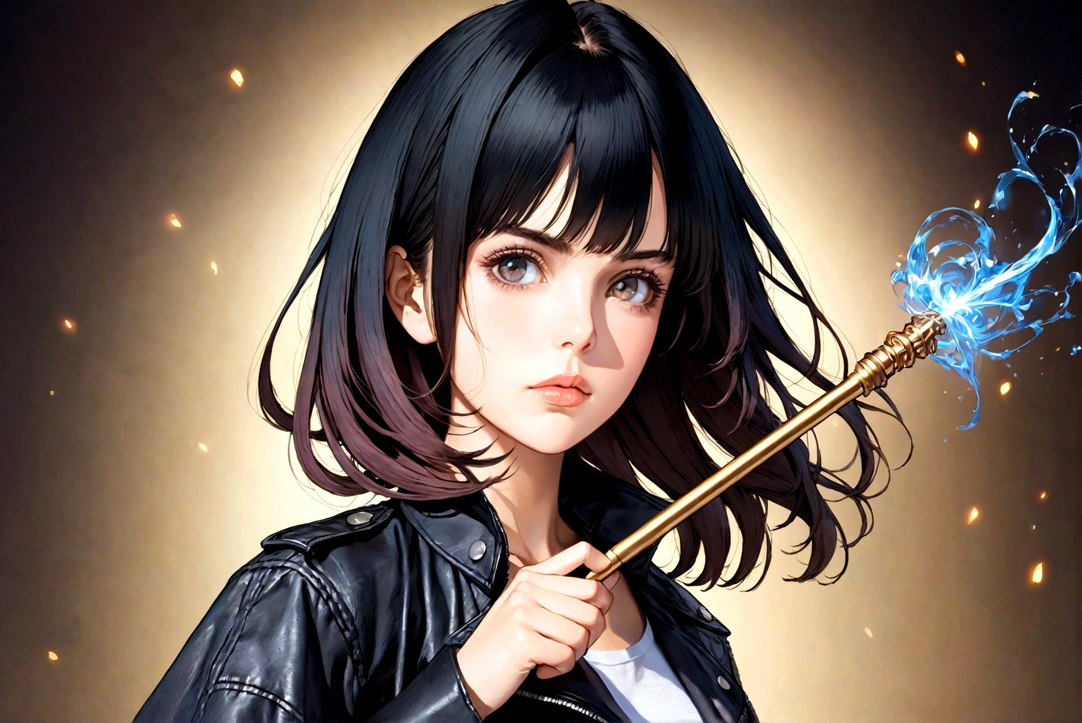 a beautiful young woman with long dark hair wearing a black leather jacket and combat boots, holding a magic wand, cold and serious expression, highly detailed portrait, cinematic lighting, dramatic pose, digital art, 8k, best quality, masterpiece