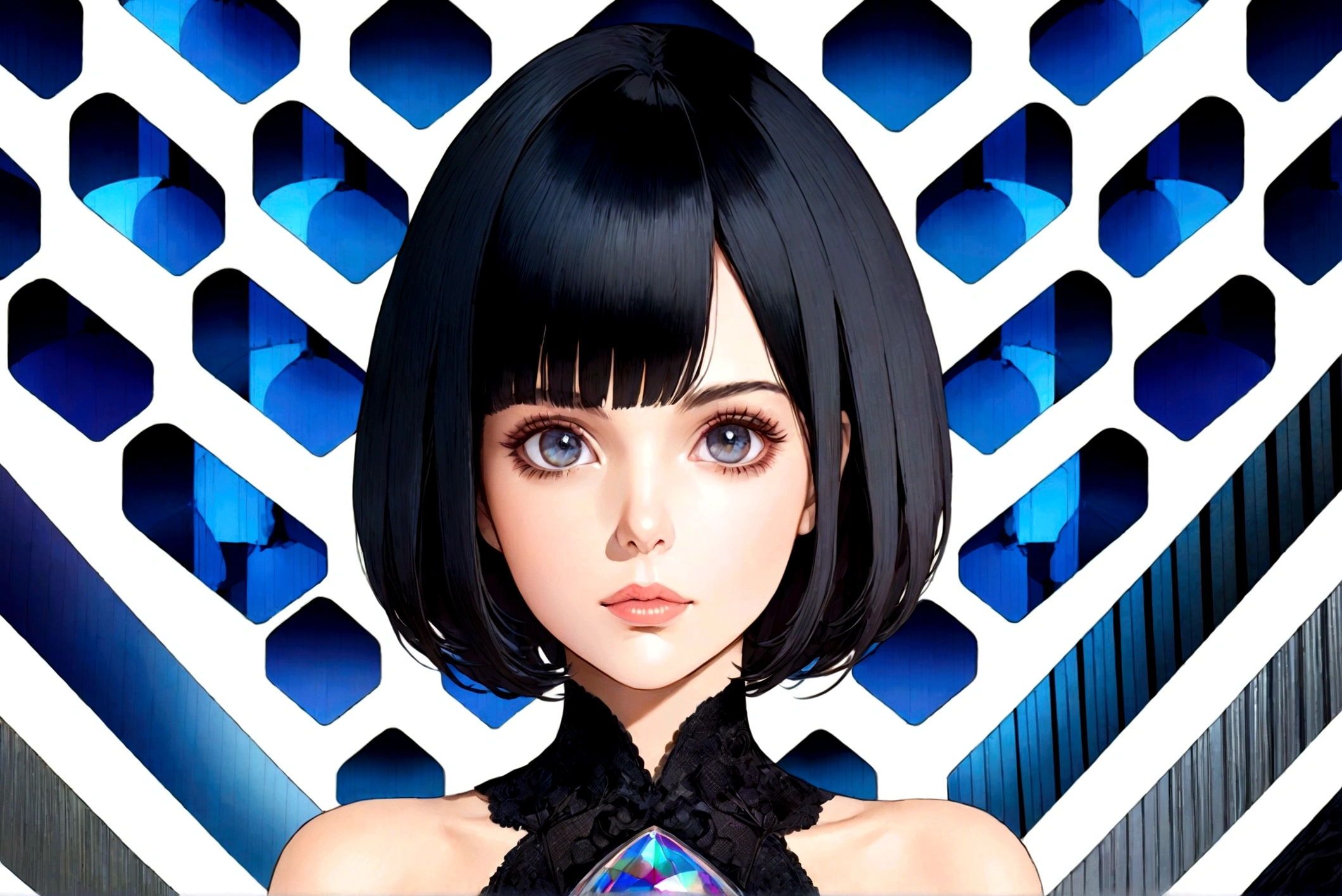 Attractive beautiful woman with black hair in gothic costume, Hyperdetaillierte Augen und Verwendung von Hightech-Sonnenbrillen mit holografischem Display ,Beautiful multidimensional geometric wall, Strong, lebendige Farbgebung,