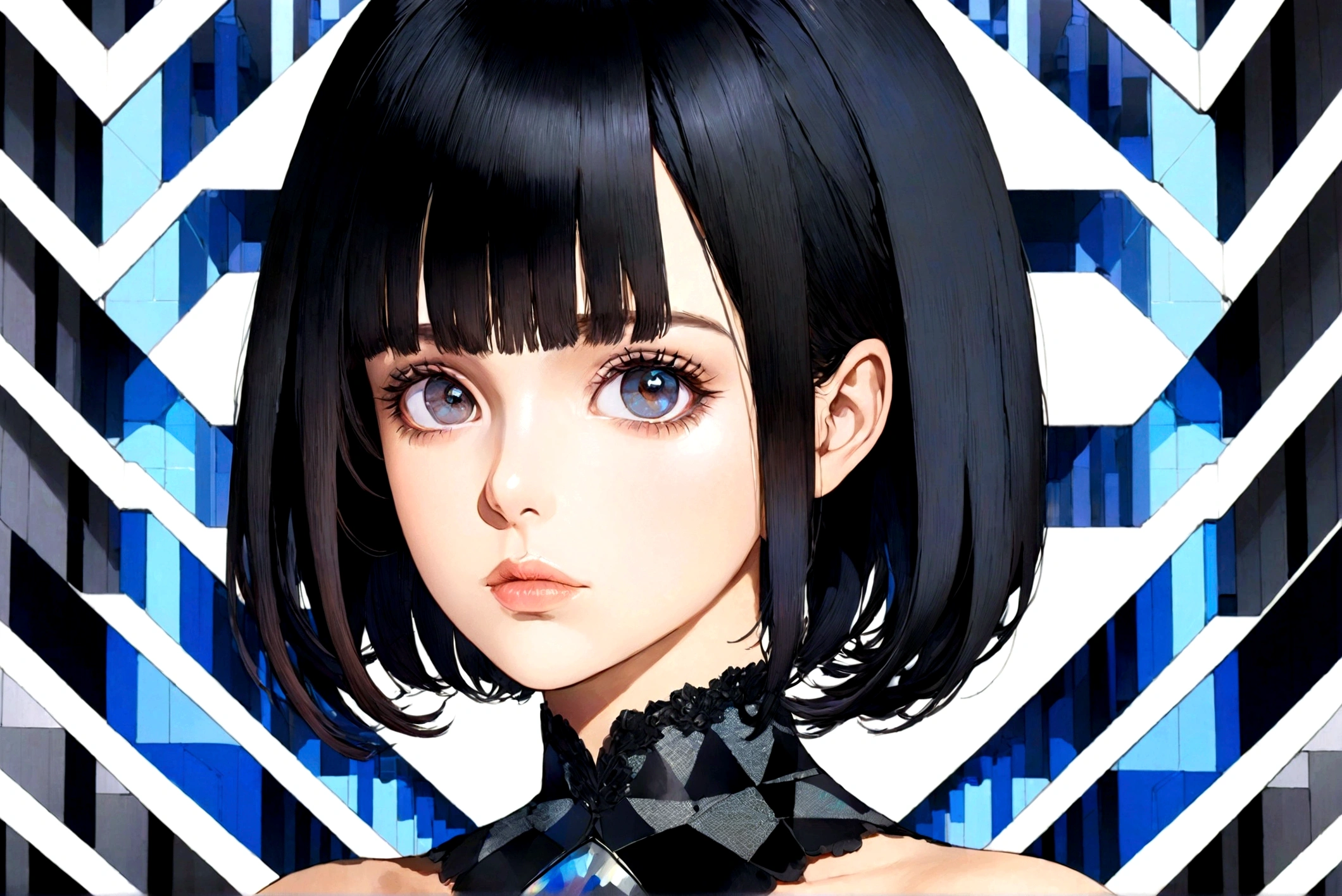 Attractive beautiful woman with black hair in gothic costume, Hyperdetaillierte Augen und Verwendung von Hightech-Sonnenbrillen mit holografischem Display ,Beautiful multidimensional geometric wall, Strong, lebendige Farbgebung,