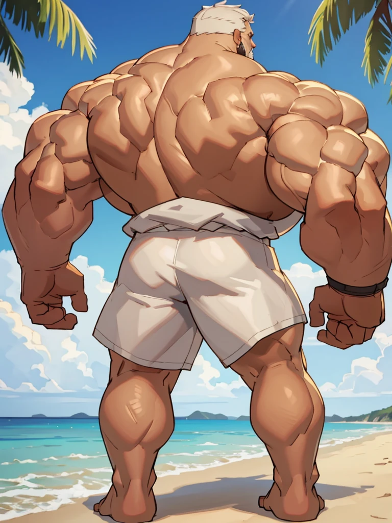 beach, back view, extremely huge muscular, massive muscular, full-body, well-muscled old man in a white shirt and showing back muscle. ((extremely muscle size, super thick arms, huge back, extremely wide back and shoulder , huge arms)). and add details to make it attractive and interesting. Add textures and details to make the image more realistic, such as the appearance of the shirt texture and the appearance of the skin. Make sure the resulting image is high resolution, 8K quality."