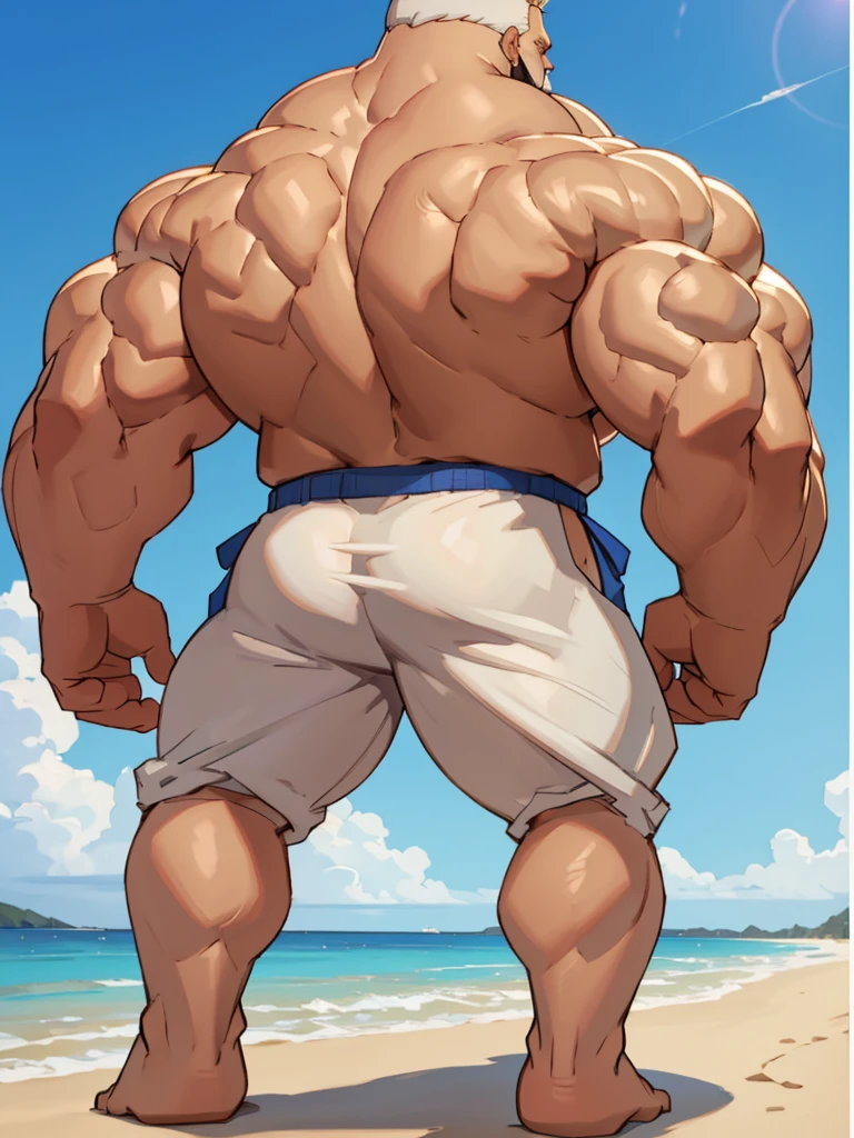 beach, back view, extremely huge muscular, massive muscular, full-body, well-muscled old man in a white shirt and showing back muscle. ((extremely muscle size, super thick arms, huge back, extremely wide back and shoulder , huge arms)). and add details to make it attractive and interesting. Add textures and details to make the image more realistic, such as the appearance of the shirt texture and the appearance of the skin. Make sure the resulting image is high resolution, 8K quality."