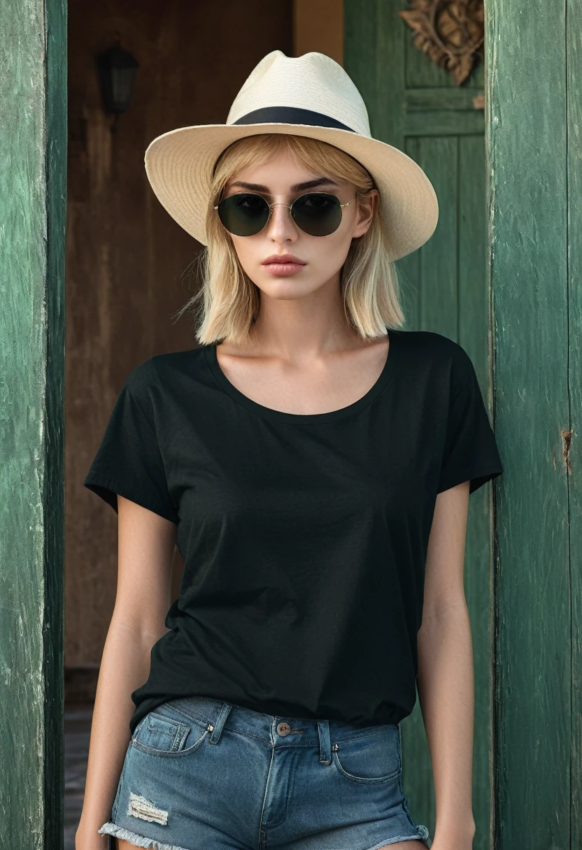 She is wearing a simple long black T-shirt, summer hat, sunglasses, denim short . Body towards the camera. beautiful 20-year-old girl with short blond hair on shoulder, expressive greeneyes, fair skin, at bahama island, This scene is depicted in high-quality photography, capturing every detail with superb clarity. The look exudes elegance and sophistication, inviting the viewer to admire the model's impeccable style and beauty.

