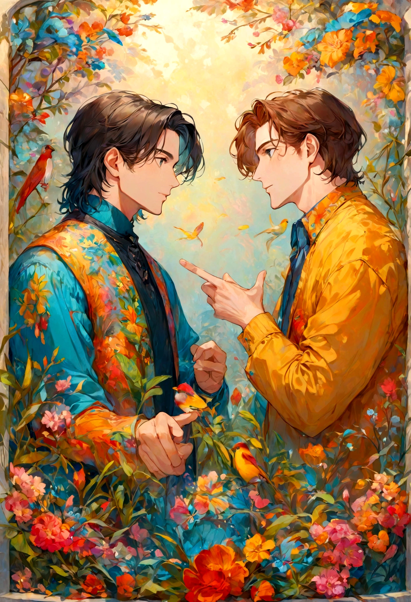 artistic style, 2 men friends having a nice conversation, colorfull