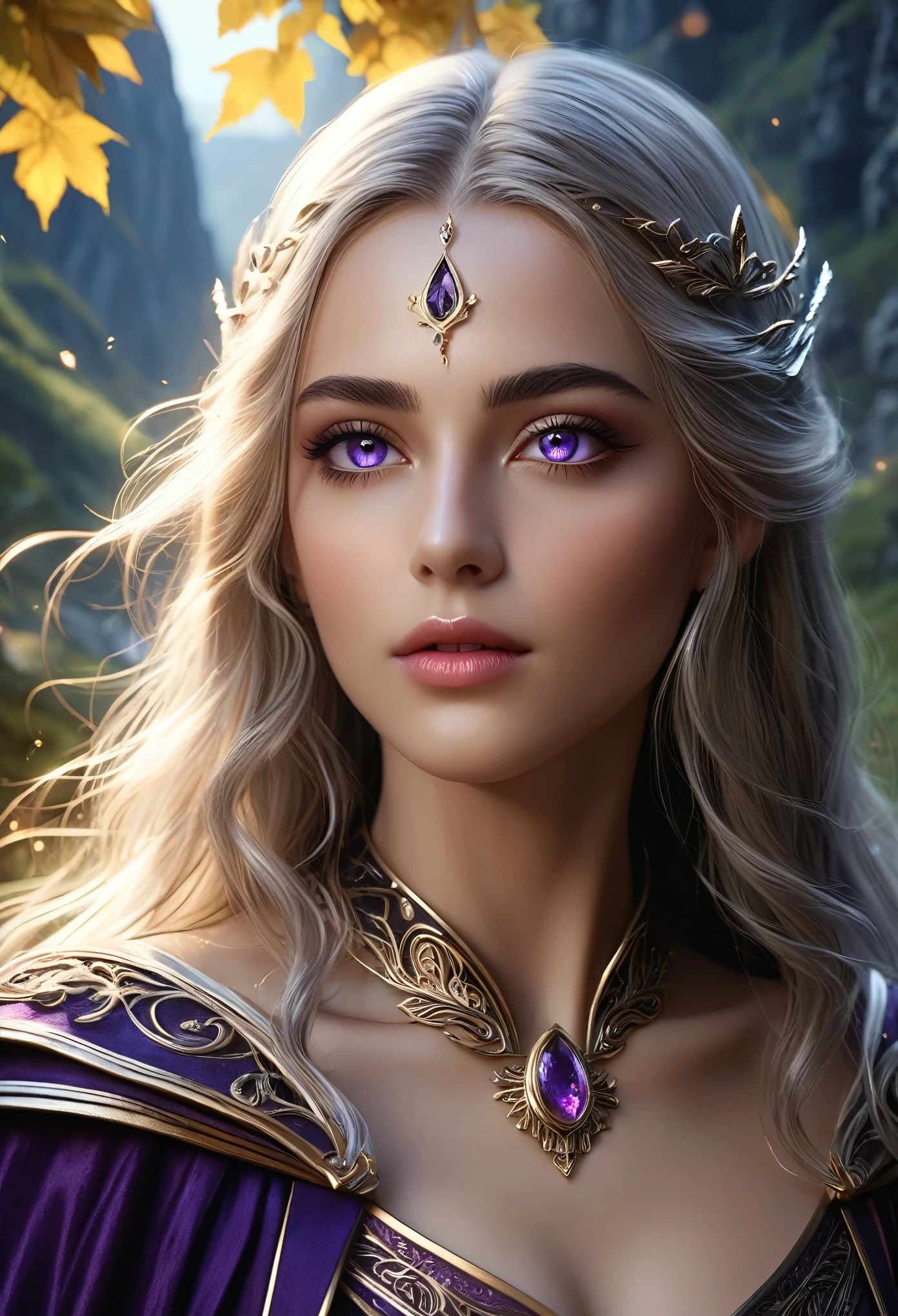 (best quality,4k,8k,highres,masterpiece:1.2),ultra-detailed,(realistic,photorealistic,photo-realistic:1.37), a beautiful young female dark elf mage with long flowing hair, elegant robes, and a mystical aura, (intricate magical effects:1.4), (glowing magical energy:1.5), detailed fantasy landscape with towering mountains, lush forests, and magical ruins, cinematic lighting, dramatic camera angles, (best quality,4k,8k,highres,masterpiece:1.2),ultra-detailed,(realistic,photorealistic,photo-realistic:1.37),fantasy, magic, highly detailed magical girl beautiful detailed eyes, beautiful detailed lips, extremely detailed eyes and face, long eyelashes, dramatic lighting, cinematic composition, dynamic pose, stunning colors, digital painting, beautiful purple eyes, long eyelashes, magic wand