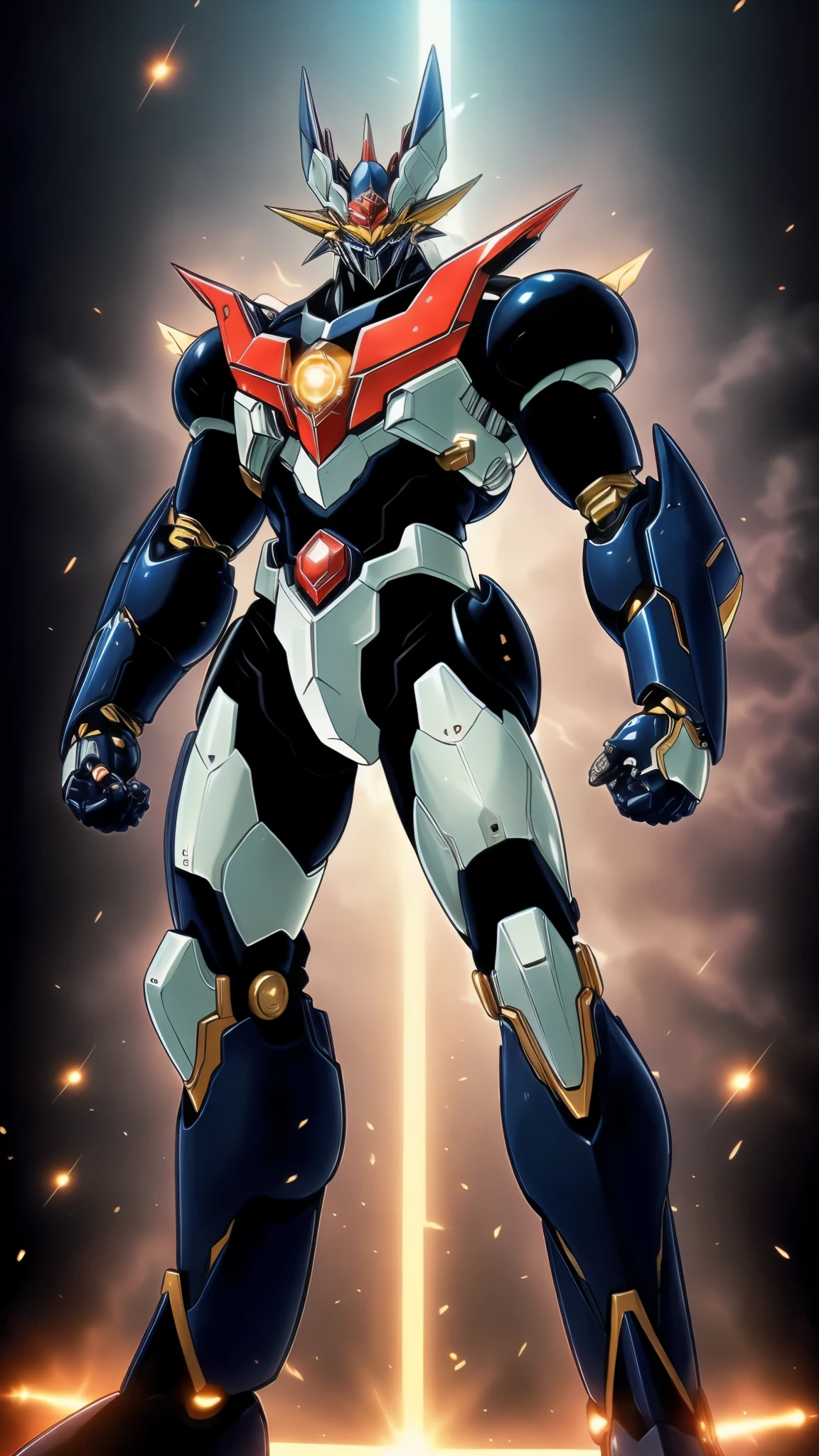 Humanoid Mecha, fully enclosed shoulder guards, matching arm and leg guards, full body, full armor, super robot, the design balances heavy with agility, (the color scheme is primarily white with red and blue accents, the concept Inspired by super robot, Lion concept chest armor, pose, standing, floating high above the futuristic sci-fi city), exquisite and mature art style, (aura effect, energy, glowing eyes, the armor glows), ((SRS)), metallic, dramatic, high definition, best quality, highres, ultra-detailed, ultra-fine painting, extremely delicate, professional, perfect body proportions, anatomically correct, symmetrical face, extremely detailed eyes and face, high quality eyes, creativity, RAW photo, UHD, 32k, Natural light, cinematic lighting, masterpiece-anatomy-perfect, masterpiece:1.5