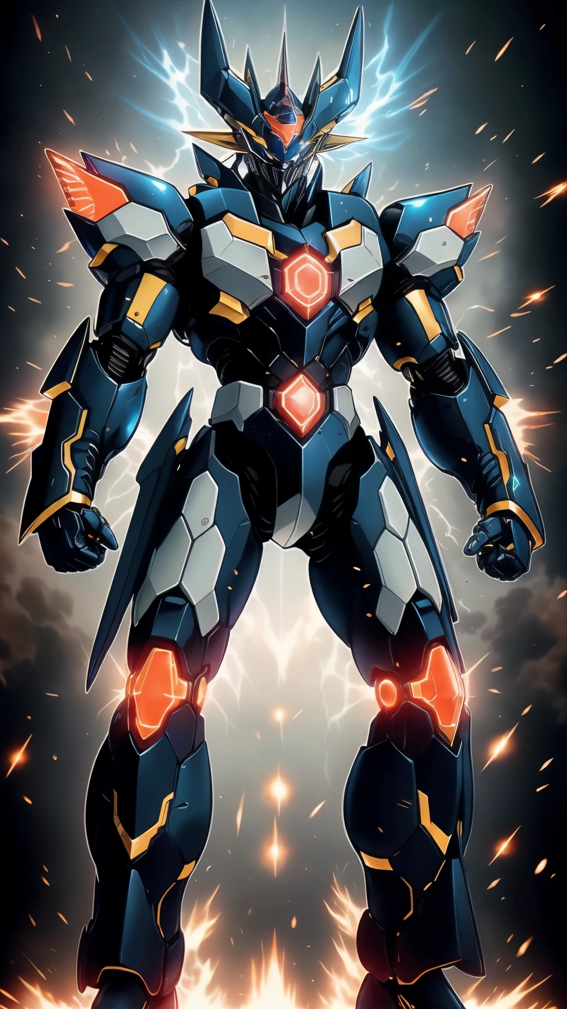 Humanoid Mecha, fully enclosed shoulder guards, matching arm and leg guards, full body, full armor, super robot, the design balances heavy with agility, (the color scheme is primarily white with red and blue accents, the concept Inspired by super robot, Lion concept chest armor, pose, standing, floating high above the futuristic sci-fi city), exquisite and mature art style, (aura effect, energy, glowing eyes, the armor glows), ((SRS)), metallic, dramatic, high definition, best quality, highres, ultra-detailed, ultra-fine painting, extremely delicate, professional, perfect body proportions, anatomically correct, symmetrical face, extremely detailed eyes and face, high quality eyes, creativity, RAW photo, UHD, 32k, Natural light, cinematic lighting, masterpiece-anatomy-perfect, masterpiece:1.5