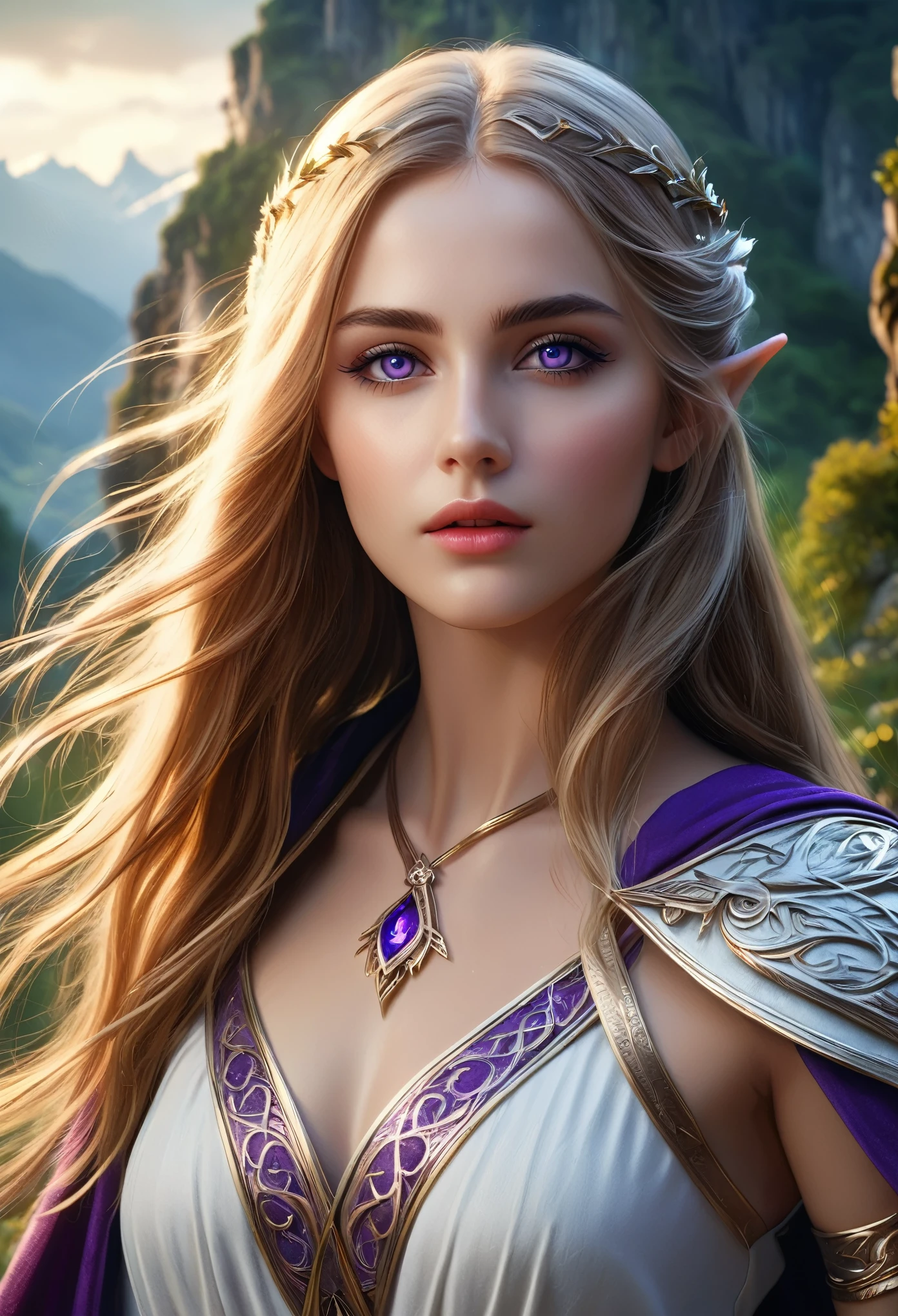 (best quality,4k,8k,highres,masterpiece:1.2),ultra-detailed,(realistic,photorealistic,photo-realistic:1.37), a beautiful young female elf mage with long flowing hair, elegant robes, and a mystical aura, intricate magical effects, glowing magical energy, detailed fantasy landscape with towering mountains, lush forests, and magical ruins, cinematic lighting, dramatic camera angles, (best quality,4k,8k,highres,masterpiece:1.2),ultra-detailed,(realistic,photorealistic,photo-realistic:1.37),fantasy,magic,highly detailed magical girl,beautiful detailed eyes,beautiful detailed lips,extremely detailed eyes and face,longeyelashes,dramatic lighting,cinematic composition,dynamic pose,stunning colors,digital painting, beautiful purple eyes, long eyelashes, magic wand