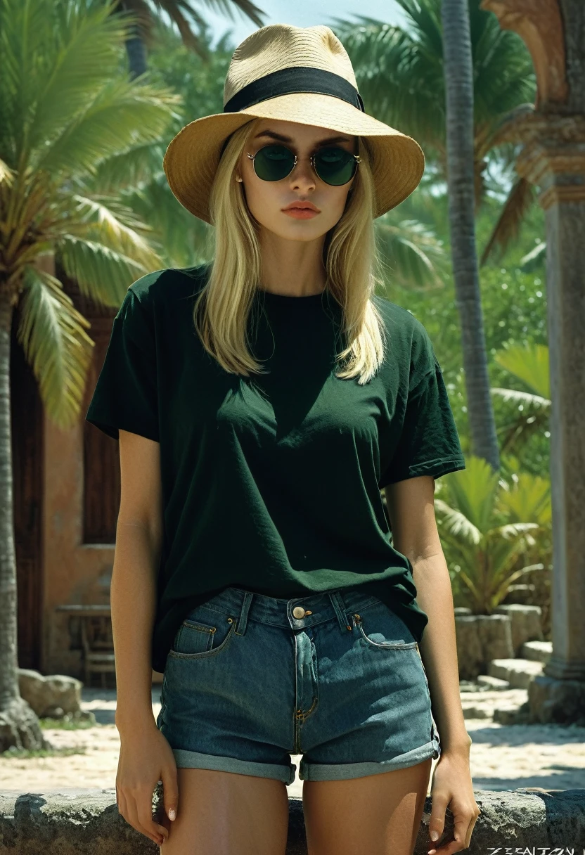 She is wearing a simple long black t-shirt, a summer hat, sunglasses and denim shorts. Body towards the camera. beautiful 20-year-old girl with short shoulder-length blonde hair, expressive green eyes, fair skin, on the island of Bahama. This scene is captured in high-quality photography that captures every detail with superb clarity. The image exudes elegance and sophistication, inviting the viewer to admire the impeccable style and beauty of the model in the styles of Frank Frazetta, Aykut Aydogdu, Pino Daeni, Charlie Bowett, Albert Joseph Penaud, Ray Caesar, Tetsuya Ishida. Zdzislaw Beksinski.
