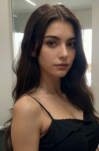 garota, 20 anos, cabelo curto, branca, cabelos negros, vestido preto, salto, brincos, face ultrarealista, detalhes