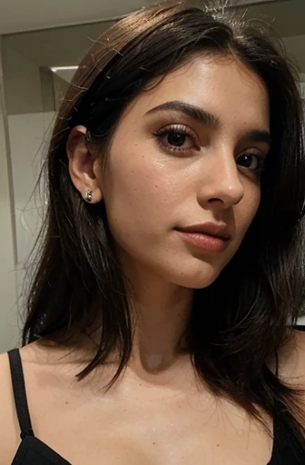 An urban adult female with a messy layered bob of long and curly brown hair, warm brown eyes reflecting compassion and kindness. Her self-assured demeanor and graceful figure exude elegance as she stands before an impressive urban white shirt and blue jeans, Clad in a sophisticated dark brown office frock and gladiator heels, she remains resolute in the face of an apocalyptic wind and weather. The photorealistic image captures her captivating presence amidst the chaos, and the sparkling eyes draw viewers into the compelling visual narrative of strength and determination , mixed race , smiling , looking away , 18 years old .