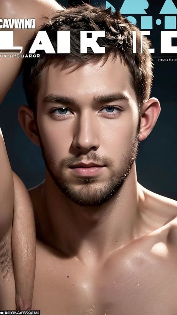 Calvin harris, shirtless oily face and oily hairy body, (porn magazine cover:1.4), best quality, masterpiece, very aesthetic, perfect composition, intricate details, ultra-detailed, hard face, handsome, hot hairy pubic, gentle