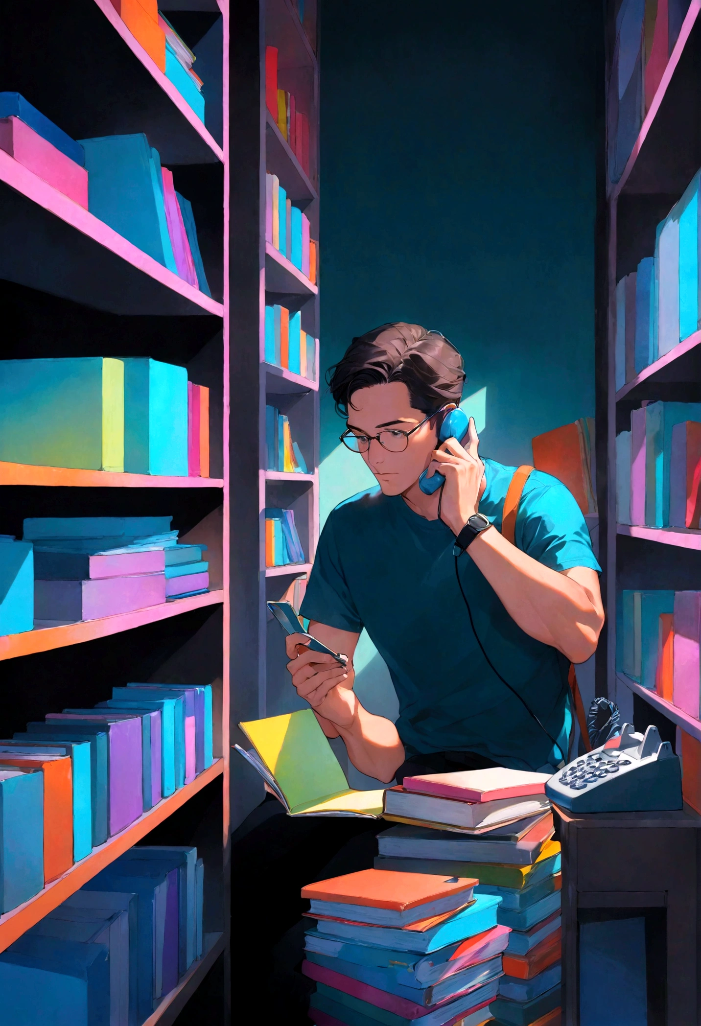 artistic style, 1 man having a nice conversation on the phone, colorfull, organizing books
