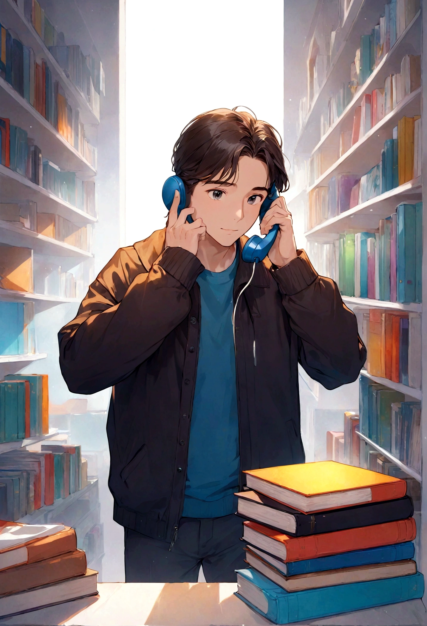 artistic style, 1 man having a nice conversation on the phone, colorfull, organizing books 