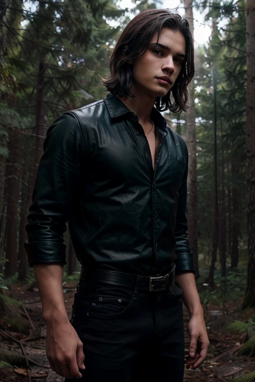 Steven Strait, Caleb Danvers, Teen Wolf, 18 years old, short messy dark brown hair, green eyes, black shirt with black collar, leather belt black dark blue jean pants, silver moon pendant, black jeans, misty forest background around in black.