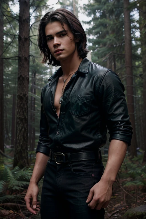 Steven Strait, Caleb Danvers, Teen Wolf, 18 years old, short messy dark brown hair, green eyes, black shirt with black collar, leather belt black dark blue jean pants, silver moon pendant, black jeans, misty forest background around in black.