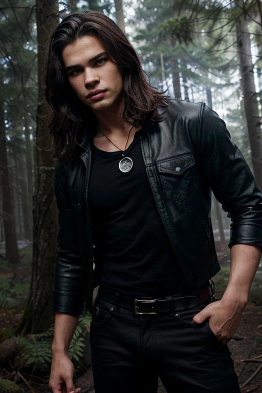 Steven Strait, Caleb Danvers, Wolf, 18 years old, short messy dark brown hair, green eyes, black shirt with black collar, leather belt black dark blue jean pants, silver moon pendant, black jeans, misty forest background around in black.