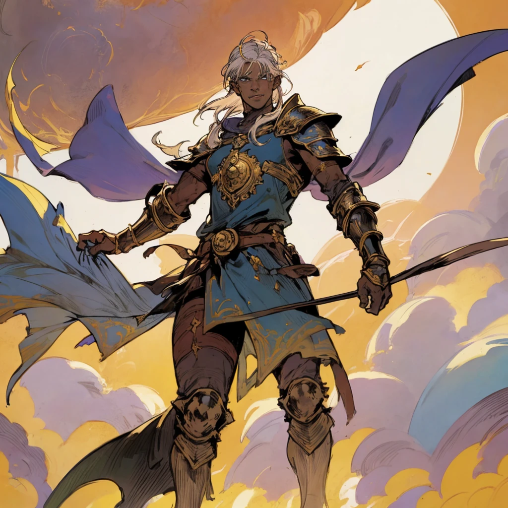 masterpiece:1.2, best quality, ultra detailed, absurdres, (action_shot), (1person blue_skin), archer, white_hair, wearing royal headpiece, shoulder length hair, 1male,male_focused, warrior King smiling in elegant armor and purple_robes, bowman gear, in the style of   Kentaro Miura, fantasy, SCI-FI, fire background,