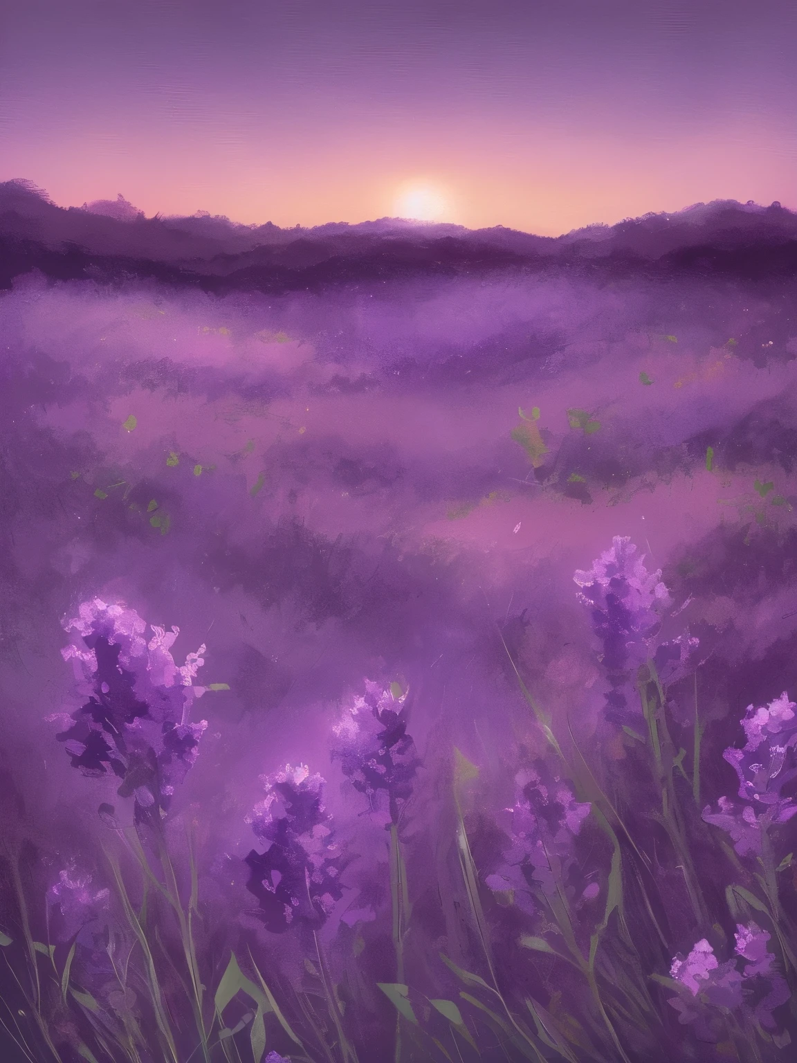 purple flowers in the foreground with a purple sky in the background, background art, violet sky, random background scene, purple sunset, purple hues, soft purple glow, twilight ; digital painting, background artwork, purple sky, soft lilac skies, at purple sunset, soft digital painting, floral sunset, mood painting, dawn background, purple mist, detailed digital painting, purple glow