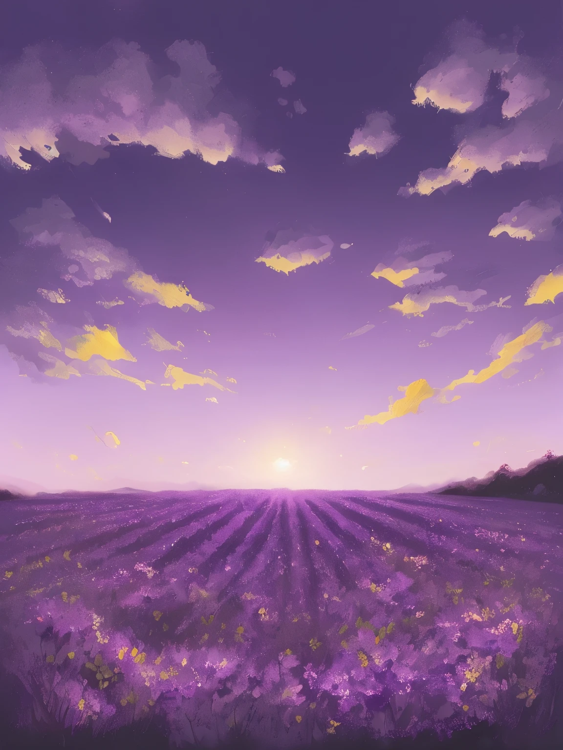 purple flowers in the foreground with a purple sky in the background, background art, violet sky, random background scene, purple sunset, purple hues, soft purple glow, twilight ; digital painting, background artwork, purple sky, soft lilac skies, at purple sunset, soft digital painting, floral sunset, mood painting, dawn background, purple mist, detailed digital painting, purple glow