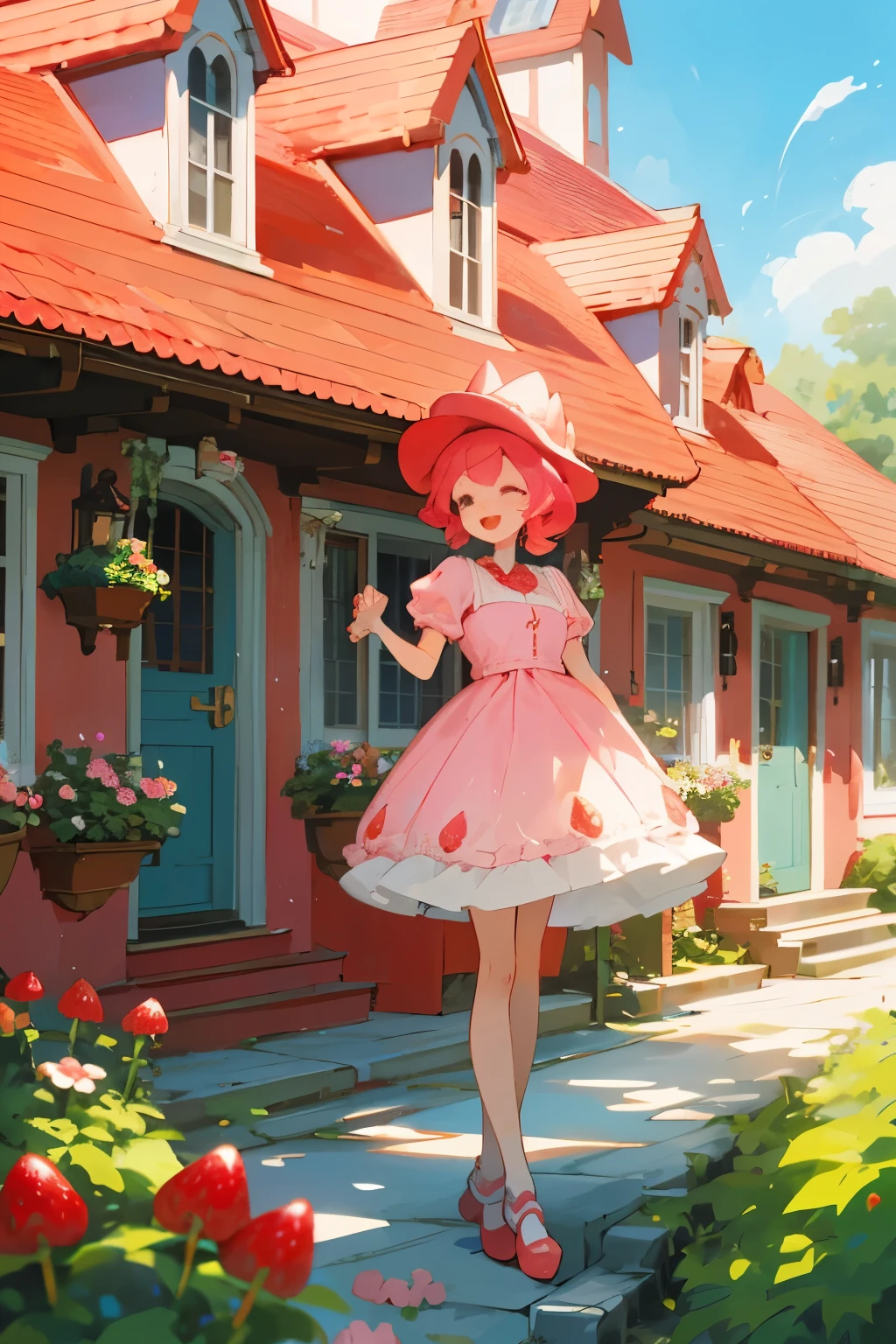 Anime-style image of Strawberry Shortcake, standing cheerfully in front of her quaint house in the Strawberry Shortcake universe. Strawberry Shortcake is depicted with a bright smile, donning her iconic pink dress and strawberry hat. The house is adorned with a strawberry-shaped roof, doors, and charming details, reflecting the whimsical essence of the character. A vibrant garden surrounds the house, filled with blooming flowers and plants, reinforcing the magical atmosphere of Strawberry Shortcake's world. The image captures the joy and enchantment that characterizes the Strawberry Shortcake universe.