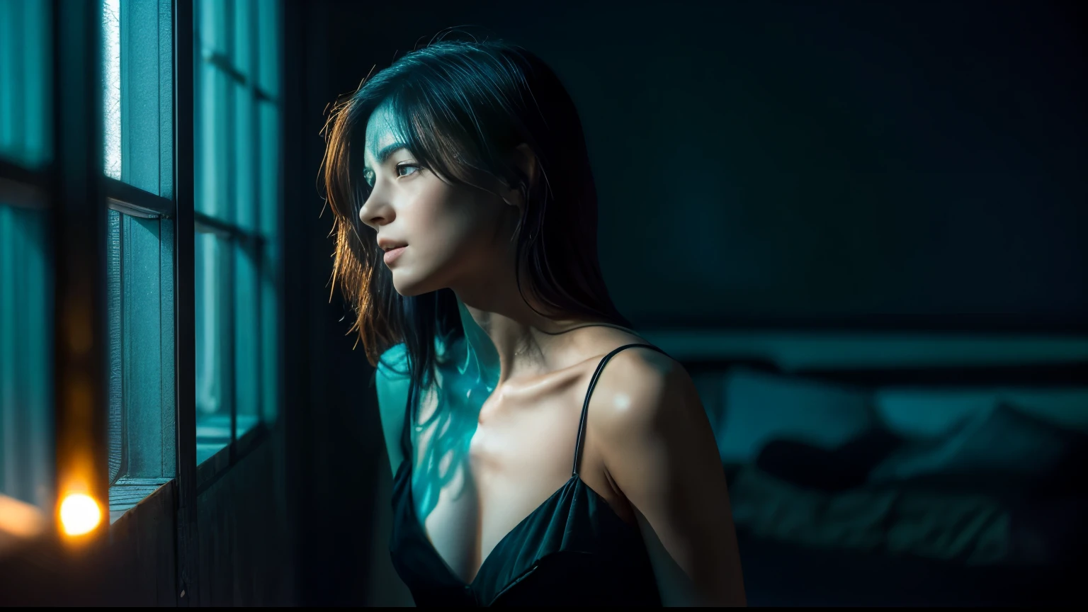 (Photoreal Stick:1.5, On the table:1.5, 8K), (Top quality, masterpiece, Ultra-high resolution), Perfect dynamic composition, Professional photography work:1.4, Highly detailed skin and facial texture:1.3, Mysterious Portrait:1.3, Grow Light Effect, Super detailed, 1 Girl, ((Night view from inside the building, Pitch black room:0.8, The moonlight shines through the glass at night)), (V neck nightdress), Model body shape, Clear face, (Beautiful and Attractionse eyes:0.8, Look of ecstasy:0.8, i love you completely:0.8), Taste feels beautiful and lustful, Dark brown medium length hair, Medium chest, A necklace, (leaning against the window, Attractions)