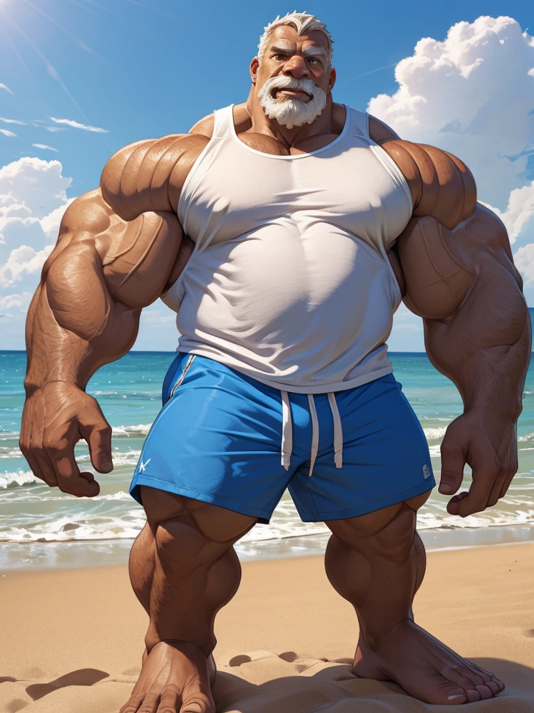 beach, size different, extremely huge muscular, massive muscular, full-body, well-muscled old man in a white shirt in beach. ((extremely muscle size, super thick arms, huge back, extremely wide back and shoulder , huge arms)).  and add details to make it attractive and interesting. Add textures and details to make the image more realistic, such as the appearance of the shirt texture and the appearance of the skin. Make sure the resulting image is high resolution, 8K quality."