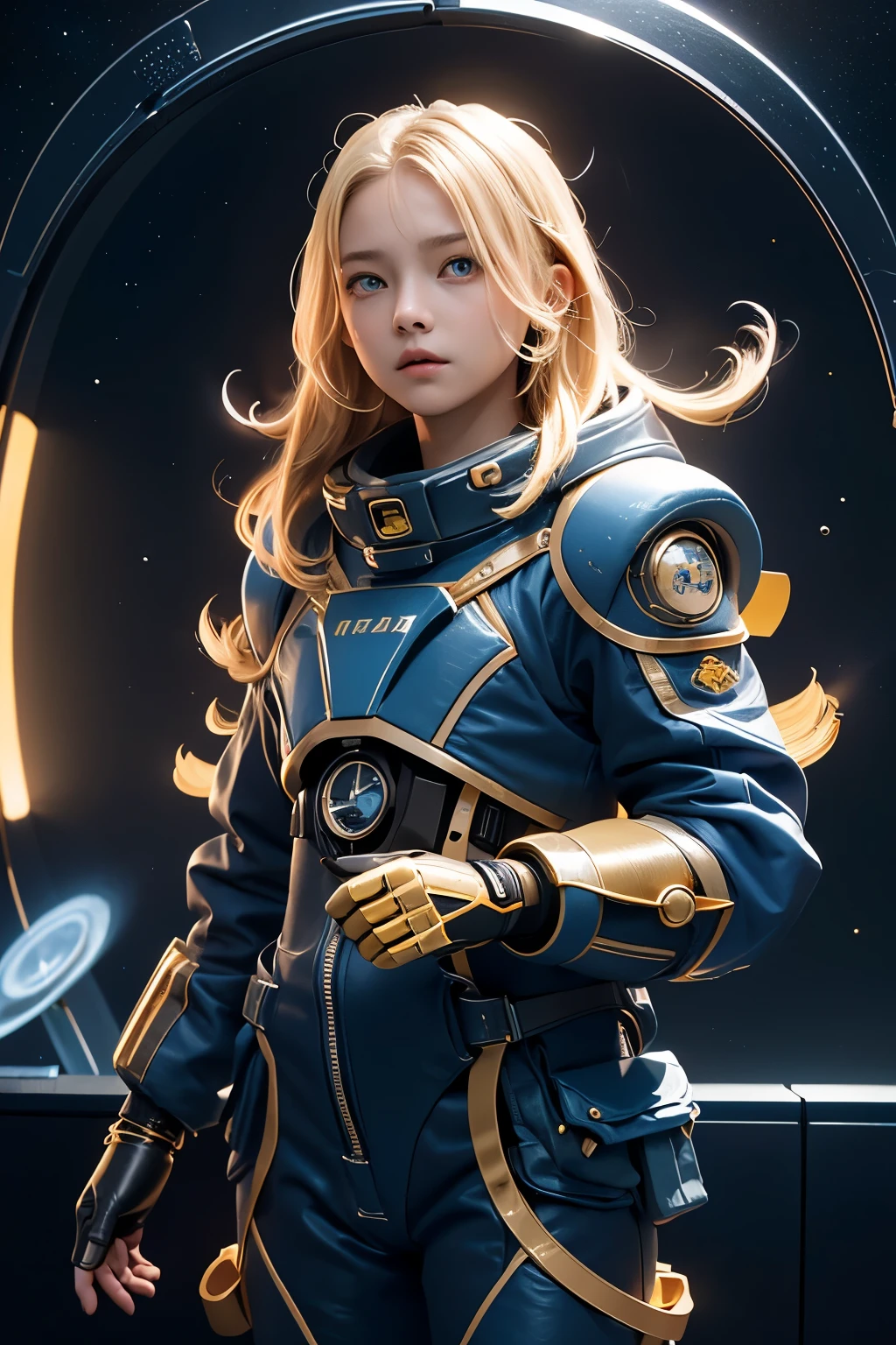 (女孩, 12 years oldReality, Pale skin), (yellow (Eye:1.2)), (fit:1.3), (Fantasy spaceuit), Pretty Face, Symmetrical face, Greg Rutkowski, wlop and Sam Kuvshinov, (long hair), Gold eyelashes, Big Iris, university student, whole body, Standing on the background of the spaceport, Art Station, 8K, Science fiction, Soft colors, tool, Control Panel, concept, Futuristic, Gribble, Simon Starenhager, space, In outer space, Spaceship in the sky, Technology Modules