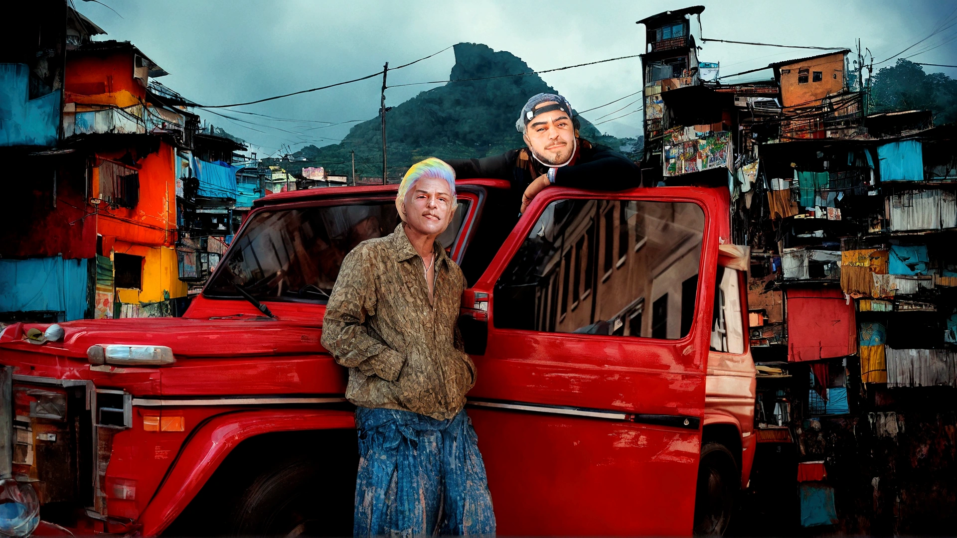 um homem com uma roupa vermelha em uma favela, segurando uma maleta, (rosto e corpo extremamente detalhados), cores vibrantes, (retrato), tom de cor vermelha, dramatic lighting, (melhor qualidade, ultra-detalhado, Altas), realista