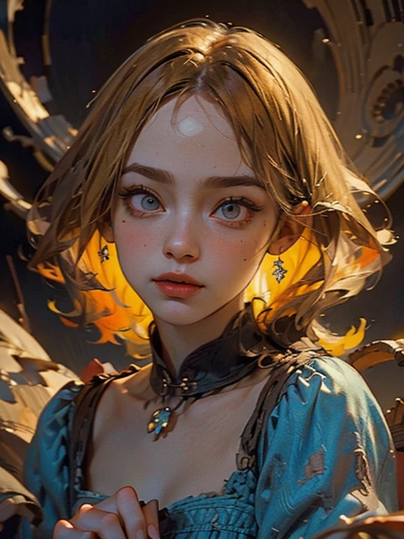 A beautiful blonde girl in a sky blue dress, alice in wonderland, extremely detailed face and eyes, beautiful detailed lips, longeyelashes, high quality 8k, masterpiece, photorealistic, intricate details, warm lighting, vibrant colors, fantasy landscape, surreal, dreamlike