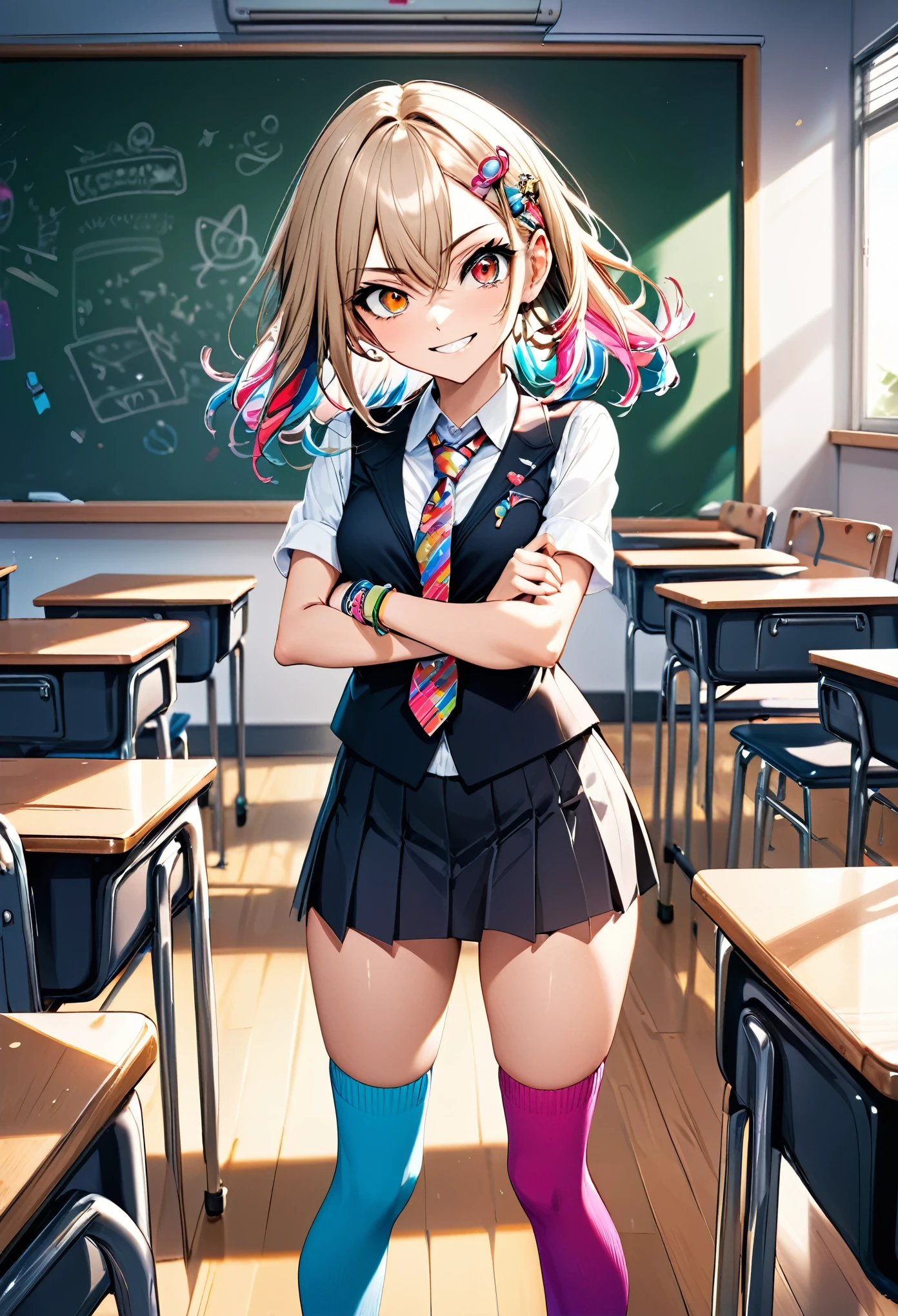 A mischievous girl with a sly grin, standing in a school classroom. She has sharp, narrow eyes giving a teasing look, and her eyebrows are raised in a playful manner. She wears a  with a playful twist: a colorful tie, funky socks, and a few quirky accessories like bracelets and hair clips. Her arms are crossed, and she’s leaning slightly forward, one leg slightly ahead of the other, as if she’s about to make a witty remark. The classroom background includes desks, a blackboard with some doodles, and a few scattered papers on the floor.,(masterpiece:1.3),(highest quality:1.4),(ultra detailed:1.5),High resolution,extremely detailed,unity 8k wallpaper