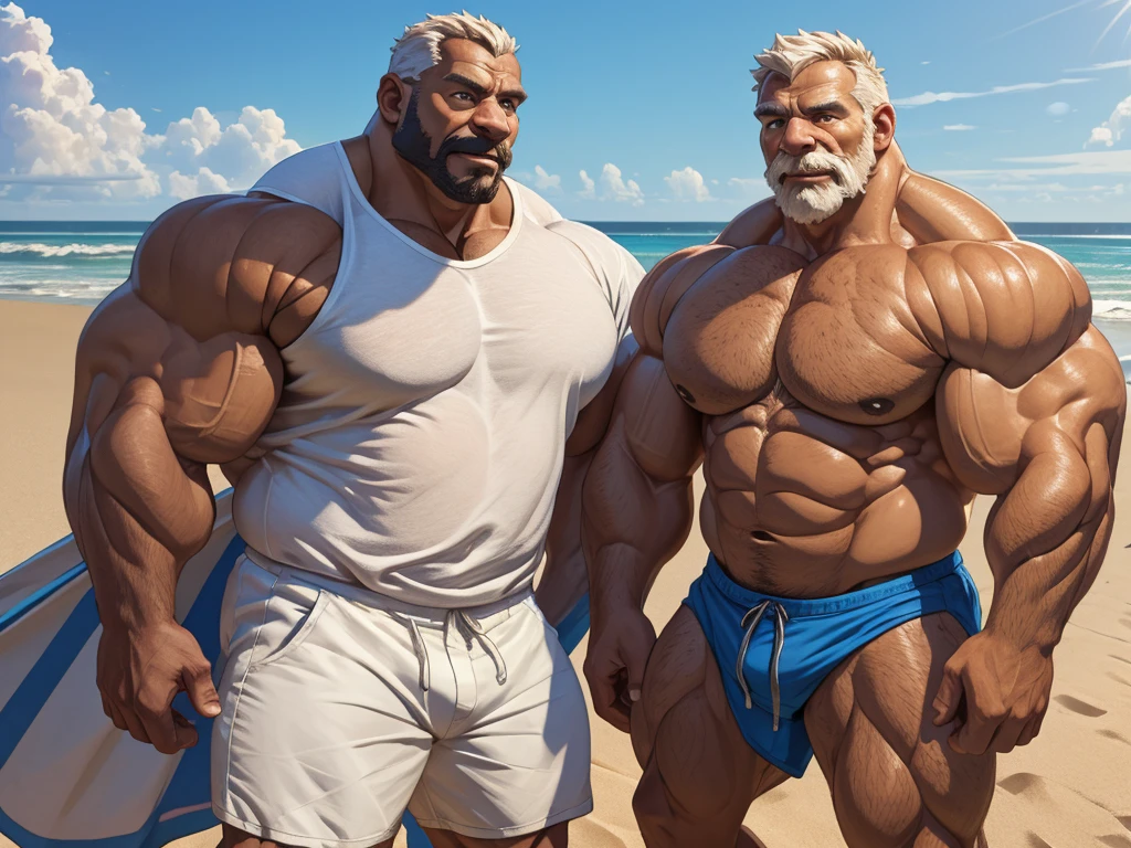 beach, size different, extremely huge muscular, massive muscular, full-body, well-muscled old man in a white shirt in beach. ((extremely muscle size, super thick arms, huge back, extremely wide back and shoulder , huge arms)).  and add details to make it attractive and interesting. Add textures and details to make the image more realistic, such as the appearance of the shirt texture and the appearance of the skin. Make sure the resulting image is high resolution, 8K quality."