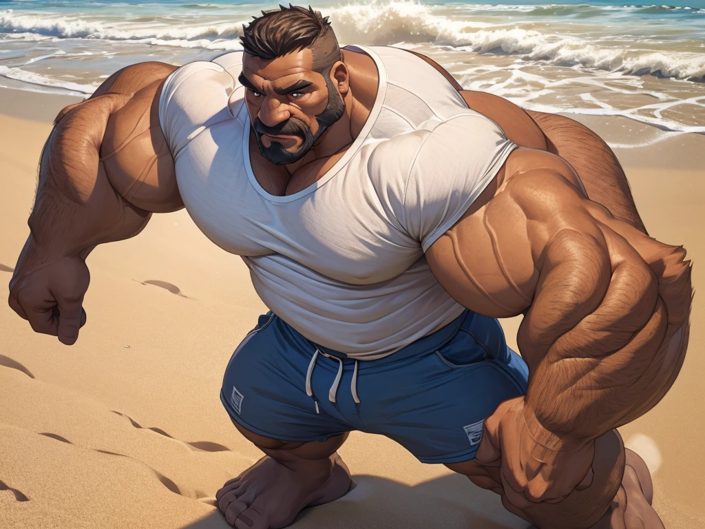 beach, size different, extremely huge muscular, massive muscular, full-body, well-muscled old man in a white shirt in beach. ((extremely muscle size, super thick arms, huge back, extremely wide back and shoulder , huge arms)). and add details to make it attractive and interesting. Add textures and details to make the image more realistic, such as the appearance of the shirt texture and the appearance of the skin. Make sure the resulting image is high resolution, 8K quality."